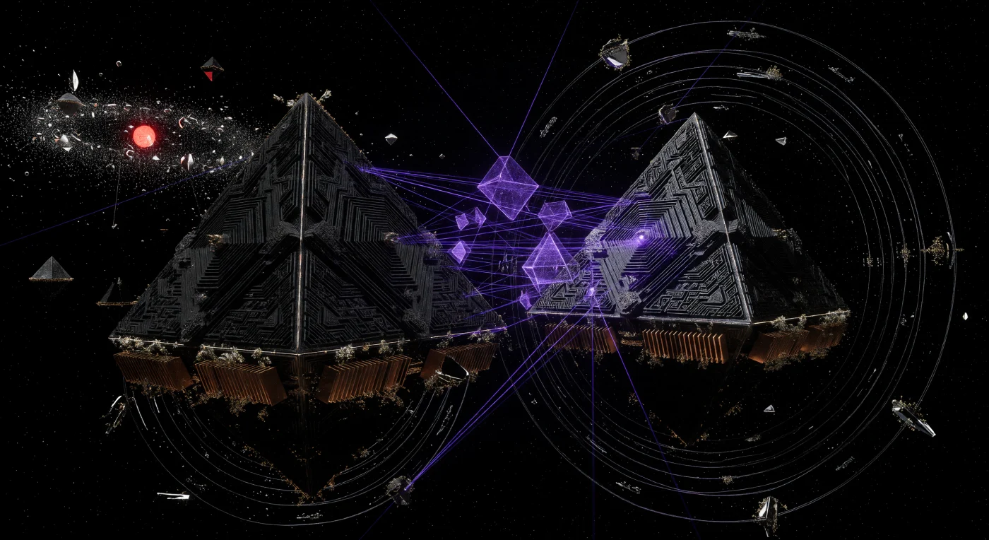 Due colossali Monoliti tetraedrici alti cinque chilometri, composti da computronio e reticoli di nanotubi di carbonio, si sfidano in un duello logico ad alta velocità nel vuoto siderale dell'Era dell'Orizzonte (circa 100.000 – 1.000.000 d.C.). Queste entità post-biologiche, note come Esseri Indipendenti dal Substrato, comunicano tramite densi fasci laser ultravioletti mentre le loro masse enormi distorcono lo spaziotempo, rendendo visibili le onde gravitazionali utilizzate per la percezione sensoriale. Sullo sfondo di una nana rossa morente e di uno sciame di Dyson in rovina, la scena testimonia un'epoca di massima efficienza entropica, dove persino le alette radianti dei processori ospitano rare forme di vita estremofila a base di silicio.