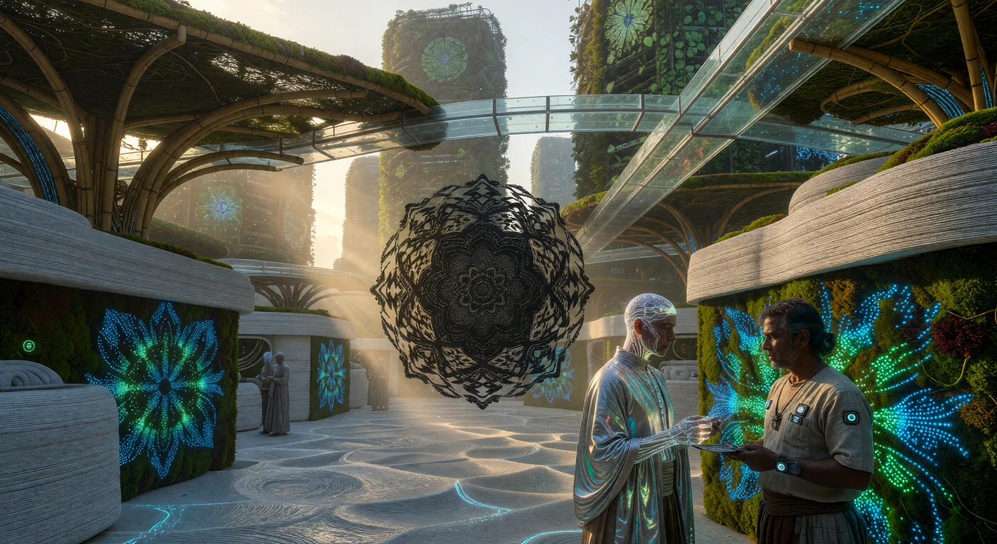 In questo scorcio dell'Alba Aumentata (2050-2100), il mercato rurbano di Neo-Bengaluru illustra la perfetta sintesi tra biologia e informazione raggiunta dall'Alleanza Meridionale. Al centro della piazza, una scultura di ferrofluido sospesa elettromagneticamente modula i dati del Consenso Mandala, mentre in primo piano un "Bio-Synth" dotato di micelio neurale scambia manifesti commerciali con un "Naturale" attraverso impulsi optogenetici emessi da pareti di muschio modificato del genere *Physcomitrium*. L'architettura in carbonato di calcio e i tralicci di bambù bioingegnerizzato testimoniano un'era geologica di transizione in cui l'umanità ha integrato i propri sistemi nervosi e le infrastrutture urbane nei cicli vitali della biosfera.