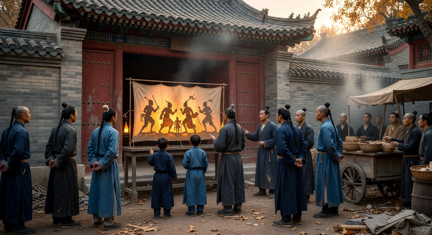 Inmitten einer Pekinger Gasse des 18. Jahrhunderts beobachtet eine Gruppe von Han-Chinesen gebannt ein traditionelles Schattentheater (*piyingxi*), dessen filigrane Figuren aus Eselshaut im warmen Schein von Öllampen tanzen. Die Zuschauer tragen die unter der mandschurischen Herrschaft obligatorische Zopffrisur und einfache indigoblaue Gewänder vor der Kulisse eines klassischen Siheyuan-Hofhauses aus grauen Ziegeln. Diese Szene fängt die lebendige Volkskultur und die strengen sozialen Vorschriften der Qing-Dynastie in einem Moment stimmungsvoller gemeinschaftlicher Unterhaltung ein.