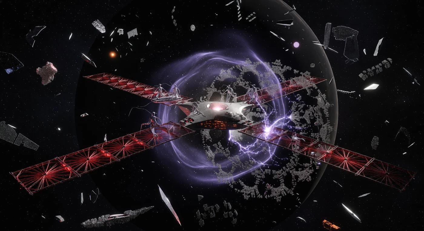 In der Ära der Kosmischen Reife (ca. 20.000 – 100.000 n. Chr.) verteidigt ein Schiff der Aethelgard-Klasse den Informationsraum der Föderation des Lokalen Arms gegen einen violett schimmernden „Entropischen Datenstrom“. Das Bild zeigt einen autonomen Schwarm silberner Naniten, der sich zu komplexen fraktalen Geometrien formiert, um die eintreffende Datenkorruption abzuwehren, während die 50 Kilometer langen, kirschrot glühenden Radiatorflügel des Kugelblitz-Antriebs die immense thermische Energie in das Vakuum abstrahlen. Inmitten von Trümmern einstiger Matroschka-Gehirne steuern „Hybride“ – post-biologische Wesen aus programmierbarer Materie – dieses Manöver und bewahren so die strukturelle Integrität ihrer technologisch hoch entwickelten Zivilisation vor dem drohenden Informationszerfall.