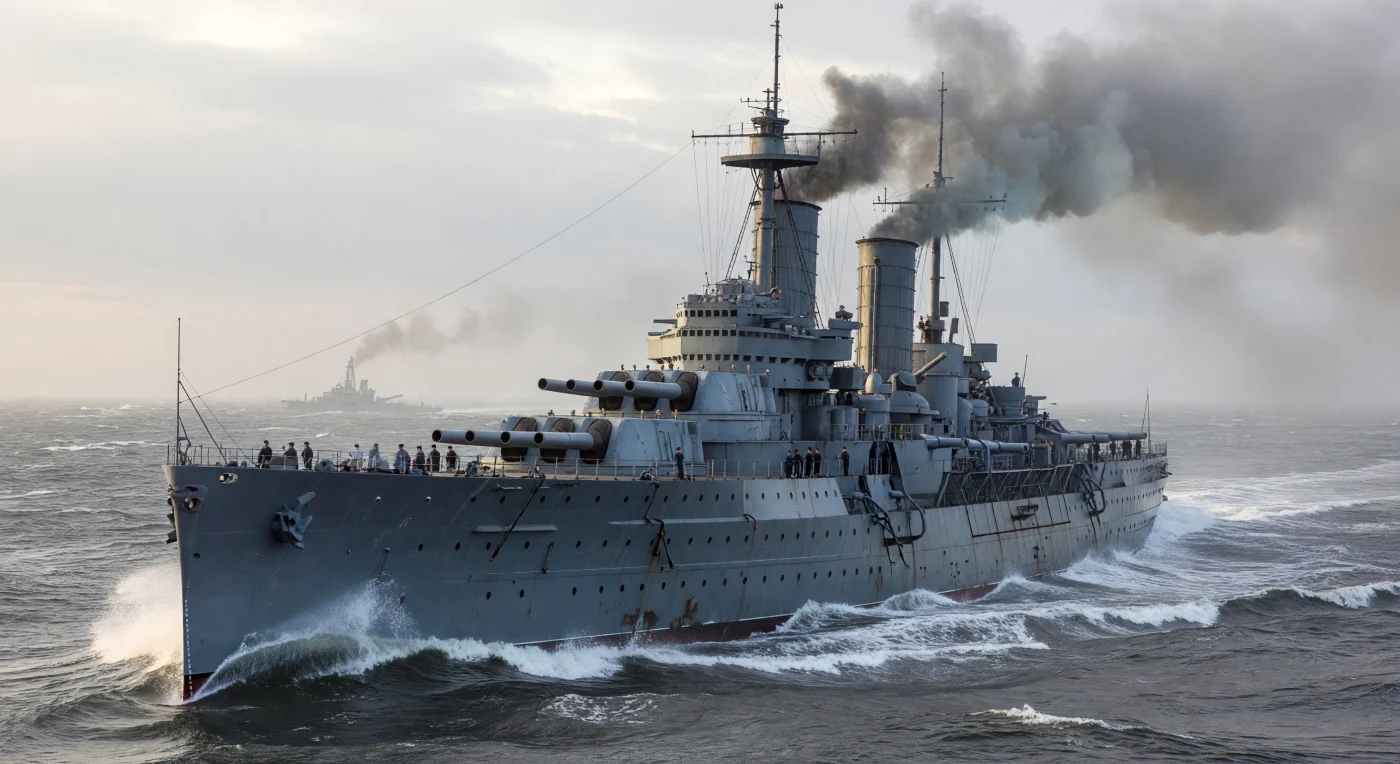 Die HMS Dreadnought pflügt mit ihrem gewaltigen grauen Stahlrumpf durch die raue Nordsee, während ihre massiven 30,5-Zentimeter-Geschütztürme und der markante Dreibeinmast unter dichten Kohlerauchwolken den Horizont dominieren. Als das erste „All-Big-Gun“-Schlachtschiff seiner Art revolutionierte es bei seiner Indienststellung 1906 die Seekriegsführung und löste ein beispielloses maritimes Wettrüsten zwischen den Großmächten der Belle Époque aus. Diese Szene fängt die industrielle Entschlossenheit des edwardianischen Zeitalters ein, in dem technologische Überlegenheit auf den Weltmeeren zum ultimativen Symbol imperialer Macht wurde.