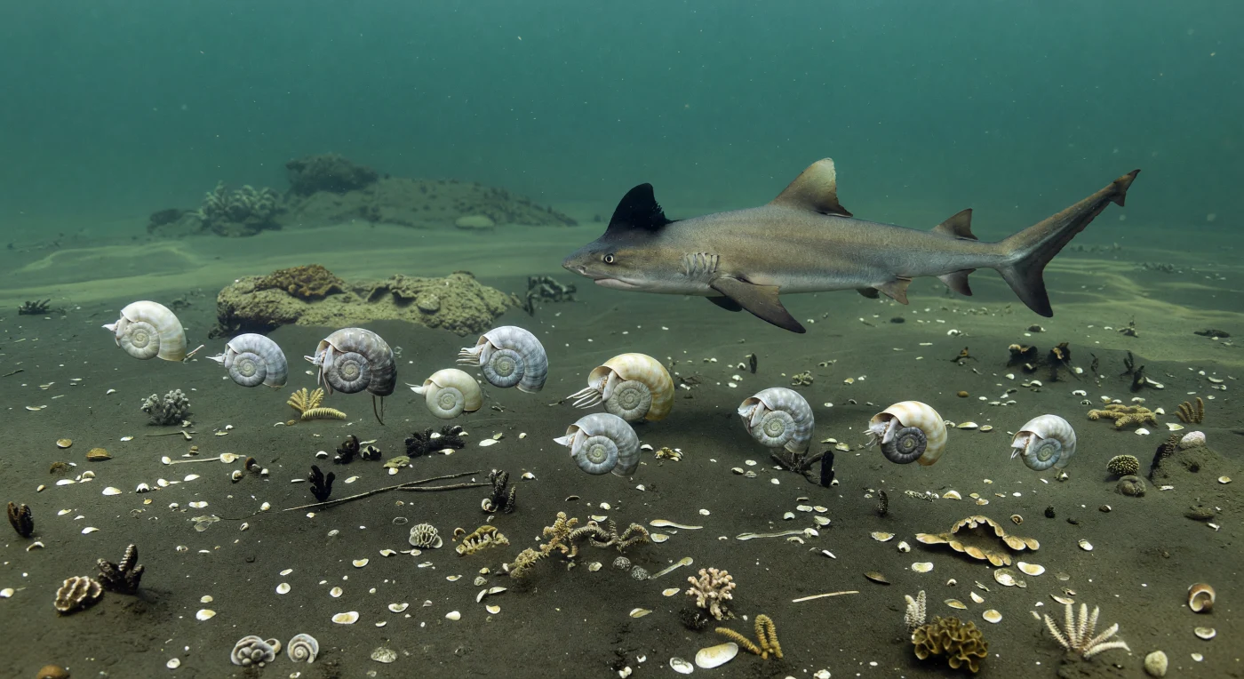 In het warme, troebele kustwater van de late Carboonzee, zo’n 310 miljoen jaar geleden, jaagt een kleine school goniatieten — waaronder Gastrioceras en Goniatites met opgerolde schelpen van 8–15 cm — op dichte wolken zoöplankton vlak boven een modderige zeebodem. Daarachter kruist een mannetje van Stethacanthus, ongeveer 1,5 meter lang, door het gedempte turquoise licht, herkenbaar aan zijn opvallende donkere, aambeeldvormige rugstructuur. Deze ondiepe epicontinentale zee lag naast uitgestrekte equatoriale steenkoolmoerassen van Euramerika, waar slibrijke afvoer en hoge biologische productie een rijk ecosysteem voedden met crinoïden, bryozoën, brachiopoden en andere ongewervelden.