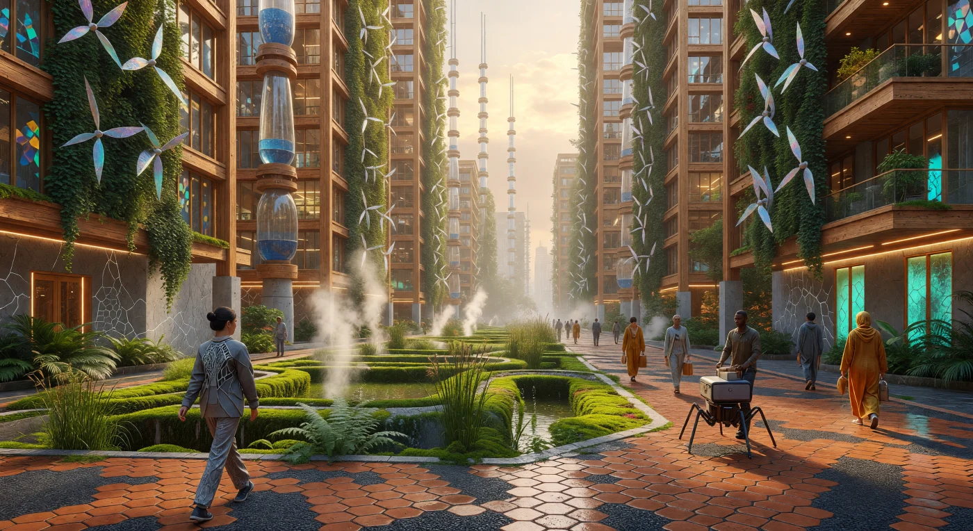 In der Epoche der „Schwelle“ (ca. 2025–2050) markiert die Transformation zur „Sponge City“ den Übergang von starrer Urbanisierung zu einer biologisch integrierten Infrastruktur, wie dieser urbane Korridor aus dem Jahr 2040 verdeutlicht. Zwischen 40-stöckigen Hochhäusern aus Brettsperrholz, deren Fundamente durch das kalkbildende Bakterium *Bacillus pseudofirmus* selbstheilend wirken, leiten tiefgestufte Bioswales mit technisierten Moosen und Farnen die Wassermassen extremer Monsunereignisse ab. Diese Architektur nutzt flüssigkeitsgefüllte Dämpfer zur Stabilisierung und beweist eine technologische Symbiose, in der Gebäude wie lebende Organismen auf atmosphärische Veränderungen reagieren. Es ist das Zeugnis einer Ära der Erdgeschichte, in der die Grenze zwischen gebauter Umwelt und Biosphäre zugunsten einer klimaresilienten Synthese endgültig verschwamm.