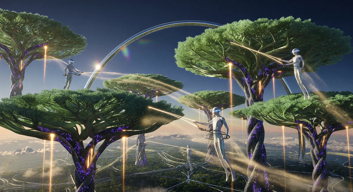 In der Ära der Kosmischen Reife (ca. 20.000–100.000 n. Chr.) manifestiert sich die Symbiose von Biologie und Urbanismus in den gigantischen „Vertikalen Obstgärten“, die als genetisch modifizierte Biosphären in der oberen Atmosphäre schweben. Diese massiven Organismen halten sich mittels interner Wasserstoffblasen in der Schwebe und werden durch diamantene Trossen verankert, in denen violett leuchtendes Myzel Nährstoffe aus der Planetenkruste emporleitet. Inmitten goldener Bio-Nebel pflegen post-biologische Erntewesen mit flüssigen Chrom-Kreisläufen die Flora, während im Hintergrund der silberne Aethelgard-Ring die technologische Souveränität dieser fernen Epoche über den stellaren Raum bezeugt.