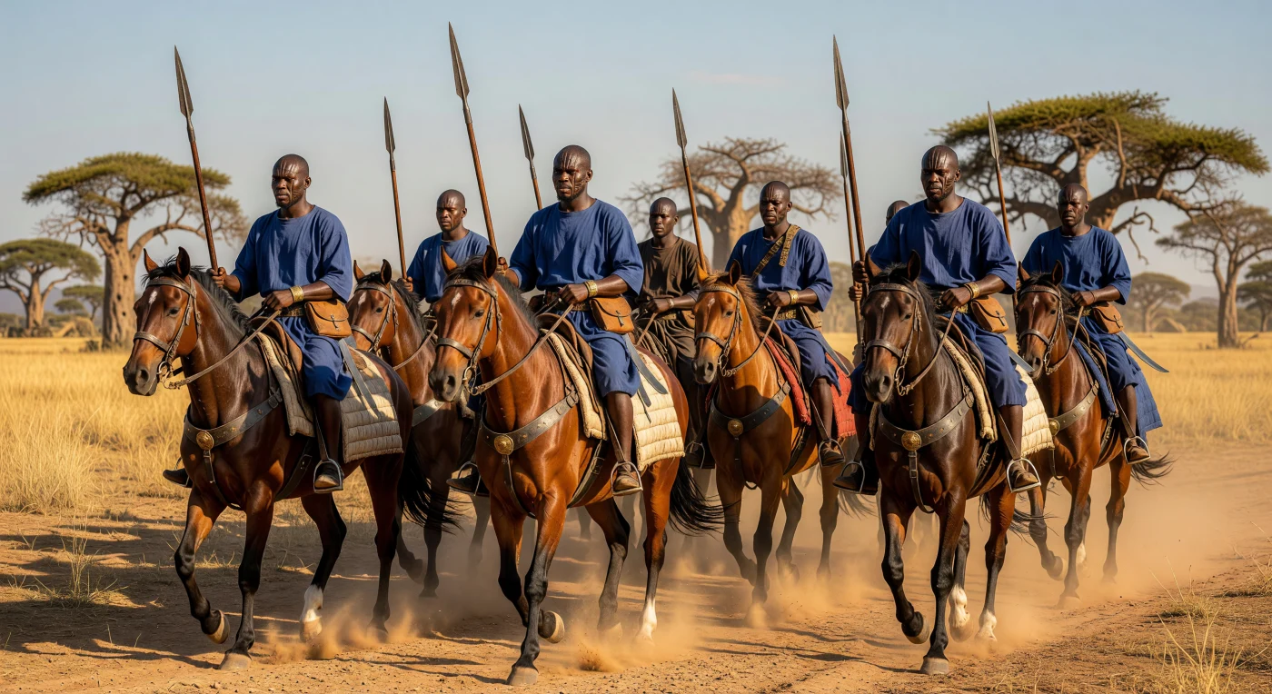 Eine disziplinierte Einheit der schweren Kavallerie des Oyo-Reiches manövriert durch die staubige Savanne Westafrikas, wobei die Yoruba-Krieger in indigoblauen Gewändern ihre handgeschmiedeten Speere und Säbel führen. Die Pferde sind in „Lifidi“ gehüllt – eine dicke, gesteppte Baumwollpanzerung, die im späten 17. Jahrhundert einen effektiven Schutz gegen feindliche Geschosse bot. Diese Darstellung veranschaulicht die beeindruckende militärische Macht und handwerkliche Meisterschaft eines Staates, der dank seiner spezialisierten Reiterheere zur regionalen Großmacht aufstieg.