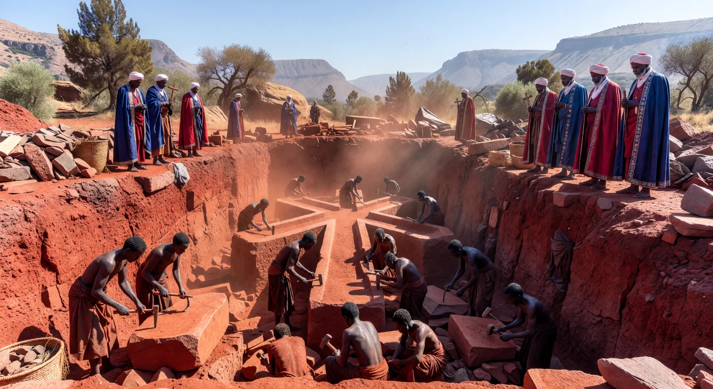 Au cœur des montagnes de Lasta, au début du XIIIe siècle, des artisans amharas sculptent l'église monolithique de Bete Giyorgis directement dans le tuf volcanique rouge des hautes terres éthiopiennes. Sous la supervision de prêtres de la dynastie Zagwe vêtus de soies précieuses, les tailleurs de pierre utilisent des pics et des burins en fer pour évider le sol, révélant progressivement une structure cruciforme monumentale qui semble émerger de la roche mère. Ce chantier colossal, baigné dans une poussière ocre et une lumière cristalline, illustre l'extraordinaire ingénierie et la ferveur spirituelle de la chrétienté médiévale africaine.