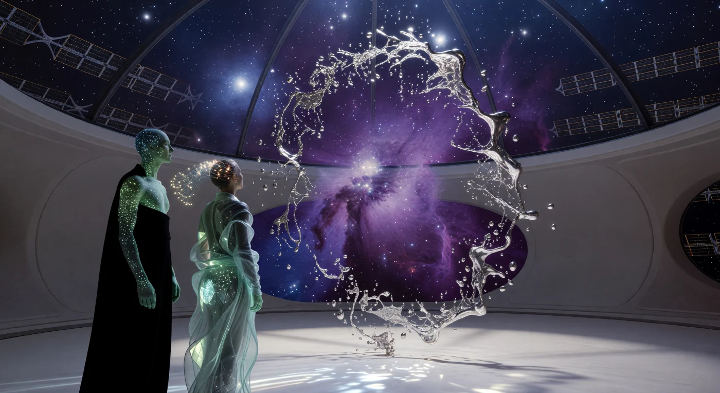 Questa installazione immortala un arco di iridio fuso sospeso in un campo di stasi entro un habitat di Dyson, cristallizzando un istante di dinamismo fluido tipico dell'era della Maturità Cosmica (20.000 – 100.000 d.C.). La scena illustra la diversità morfologica della post-umanità, mostrando un "Eterno" dalla pelle di giada traslucida e un "Nuovo Nato" con piume neurali bioluminescenti, entrambi avvolti in tessuti tecnologici che interagiscono con la luce e la gravità ridotta. Attraverso la manipolazione delle forze fondamentali e della materia programmabile, queste entità hanno trasformato il cosmo in una tela per l'espressione esistenziale, celebrando il superamento definitivo della scarsità biologica e il trionfo della coscienza sull'entropia.