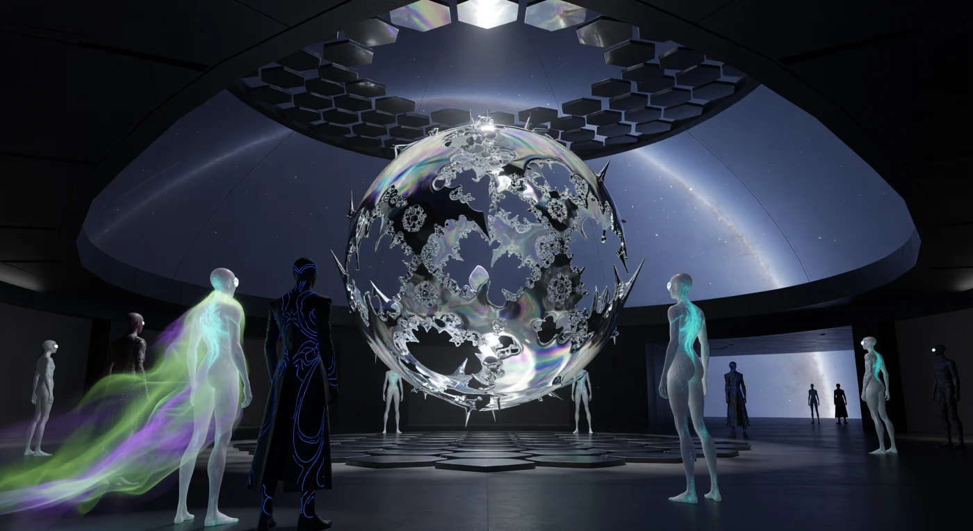 All'interno di una galleria monumentale in un habitat dello Sciame di Dyson, una scultura gravimetrica di ferro-mercurio iridescente danza in sospensione magnetica, assumendo complesse forme frattali illuminate da una luce bianca neutronica. Questo reperto visivo dell'Era Galattica (5.000 – 20.000 d.C.) illustra l'apice della cultura post-planetaria, dove la manipolazione della gravità e della materia programmabile è divenuta la forma d'arte suprema. Gli spettatori, post-umani della stirpe "Long-Form" con arti affusolati e vasi centrali bioluminescenti, contemplano l'opera, incarnando la transizione definitiva della specie verso una biologia sintetica perfettamente adattata alla vita negli ambienti a bassa gravità dello spazio profondo.