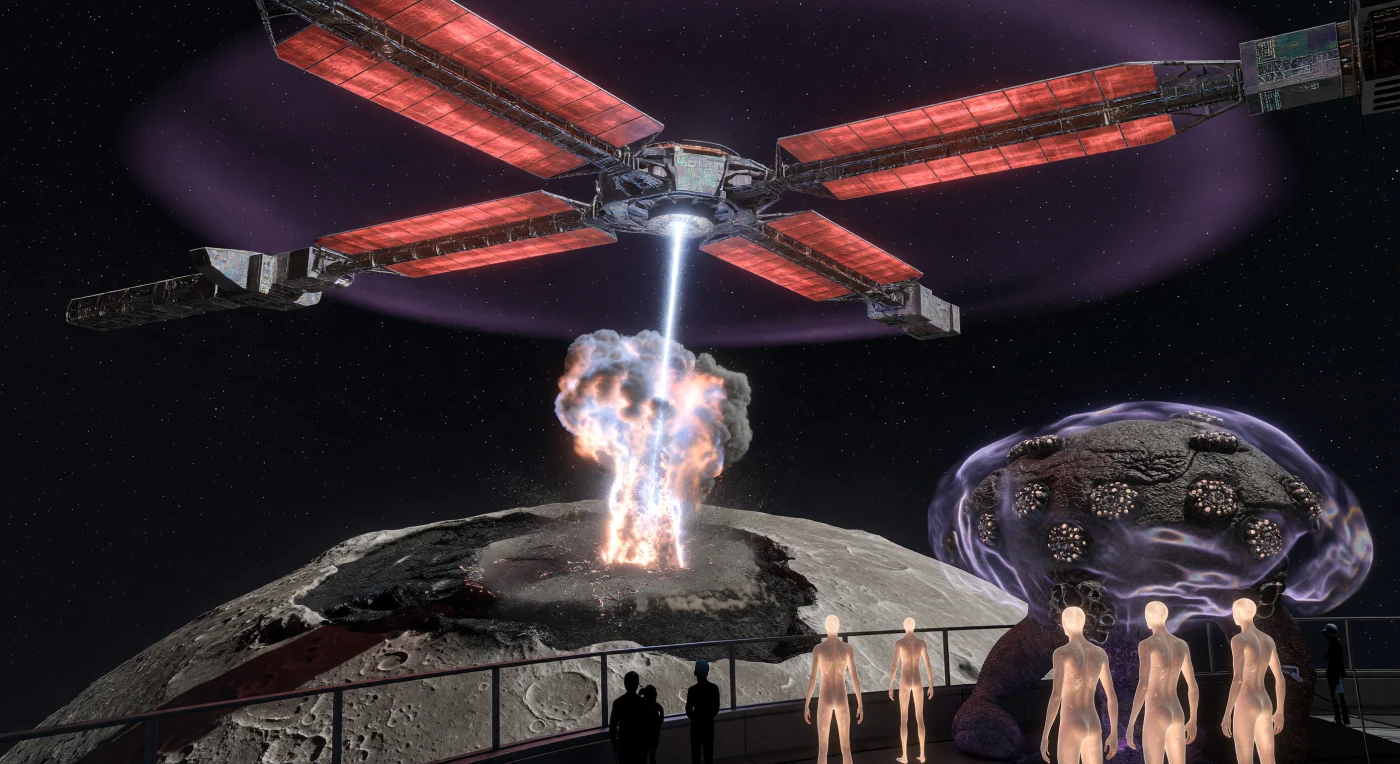 Deze reconstructie toont een "Wereldboom"-station van de Seeder-beschaving dat een vernietigende straal stellaire energie inzet om de "Blight" – een invasieve massa van malafide nanomachines – op een maan te neutraliseren. Tijdens het tijdperk van De Horizon (ca. 100.000 – 1.000.000 n.Chr.) bewaakten post-humane clades zoals de bioluminescente Bio-Engineers en de massieve, met silicium versterkte Litho-Soma de galactische stabiliteit door middel van dergelijke ingrijpende saneringsoperaties. De gloeiende radiatorvleugels van het station en de opstijgende plasma-pluimen illustreren de enorme thermodynamische realiteit van een Type II.5-beschaving die de ongetemde krachten van een Dyson-zwerm aanwendt tegen de ijzige leegte van de ruimte.