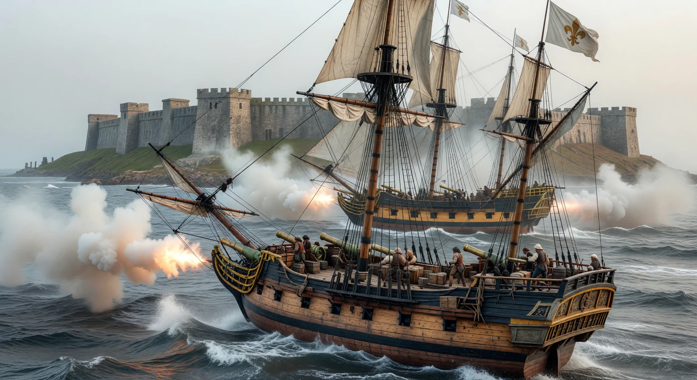 Vor der nebligen Küste des Nordatlantiks um 1750 entbrennt ein heftiges Gefecht, bei dem eine französische Fregatte unter der weißen Bourbonen-Flagge ihre Breitseiten gegen ein britisches Linienschiff abfeuert. Im Hintergrund zeichnen sich die markanten, sternförmigen Umrisse einer Vauban-Festung ab, die als steinerner Wächter über die strategisch wichtigen Wasserwege von Neufrankreich dient. Diese Szene fängt die explosive Spannung des imperialen Ringens um Nordamerika ein, in dem hölzerne Segelschiffe und massive Kalksteinbastionen die Grenzen der kolonialen Macht definierten.