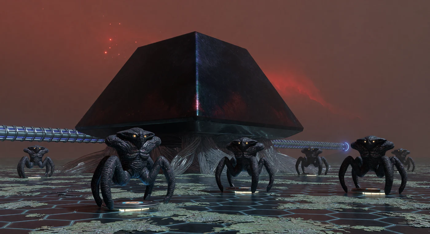 은하 시대(서기 5,000~20,000년경)의 고중력 슈퍼 지구인 섹터 4-G에서 리토덤(Lithoderm, 중력 적응 인류)이라 불리는 포스트-휴먼들이 7g의 압도적인 중력에 맞서 건설한 현무암 요새의 모습입니다. 짙은 보라색 대기 아래, 붕소-질화물 나노튜브 뿌리로 지각에 단단히 고정된 이 피라미드형 벙커는 극심한 물리적 압력을 견디도록 설계되었으며, 배경에는 궤도 발사를 위한 전자기 질량 가속기가 청색 체렌코프 방사광을 내뿜으며 장엄하게 서 있습니다. 지표면의 리토덤들은 생물학적-결정 복합체 골격과 안정적인 4족 보행 구조를 갖추어 중력을 극복했으며, 발밑의 미세한 진동을 감지하는 지진파 통신과 적외선 시각을 통해 이 거칠고 무거운 세계의 주인으로 완벽히 적응했습니다.