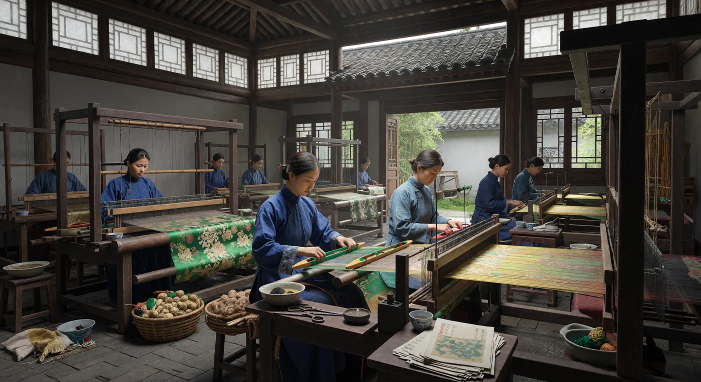 In einer lichtdurchfluteten Werkstatt im Suzhou der 1840er-Jahre bedienen Weberinnen in hochgeschlossenen Tuniken gewaltige hölzerne Zugwebstühle, um kostbare Seidendamaste mit floralen Mustern in Smaragdgrün und Gold zu fertigen. Die Szene illustriert die handwerkliche Blütezeit der späten Qing-Dynastie, in der Suzhou als das unangefochtene Zentrum der kaiserlichen Seidenproduktion galt. Inmitten der rhythmischen Arbeit an den komplexen Apparaturen bewahrten diese Frauen jahrhundertealte Techniken, kurz bevor die industrielle Revolution und globale Handelsumbrüche die traditionelle ostasiatische Textilkunst für immer veränderten.