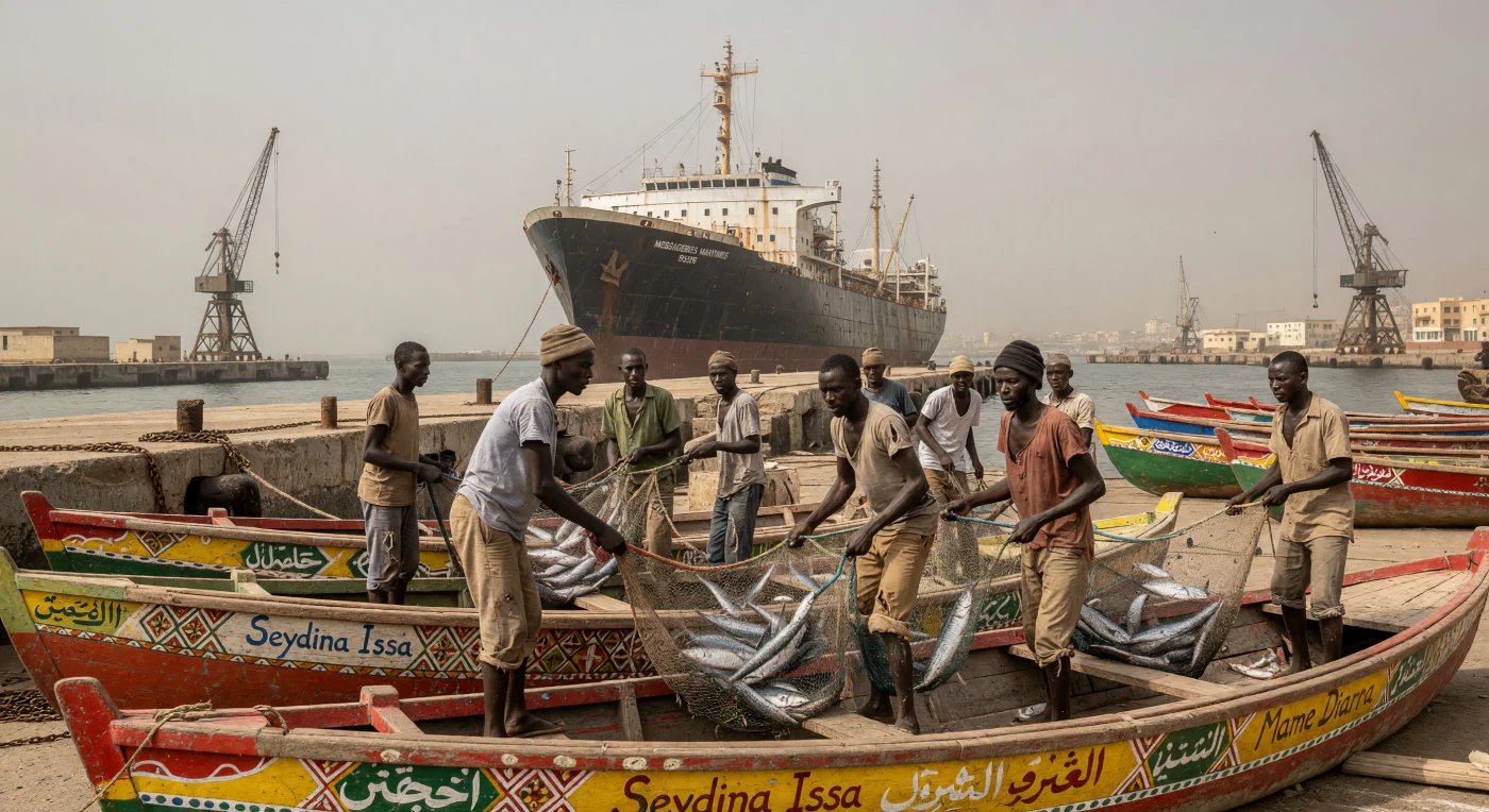 In de haven van Dakar trekken Wolof- en Serer-vissers zware netten vol glinsterende makreel aan boord van hun kleurrijke, handgeschilderde pirogues, terwijl de goudgrijze sluier van de harmattan de tropische zon verzacht. Op de achtergrond torent de massieve stalen romp van een Frans vrachtschip boven de houten vaartuigen uit, een krachtig symbool van de blijvende koloniale economische invloed in het Senegal van 1975. Deze ontmoeting tussen eeuwenoude ambachtelijke tradities en de opkomende industriële wereld weerspiegelt de complexe transformatie van Afrika tijdens de vroege postkoloniale periode.