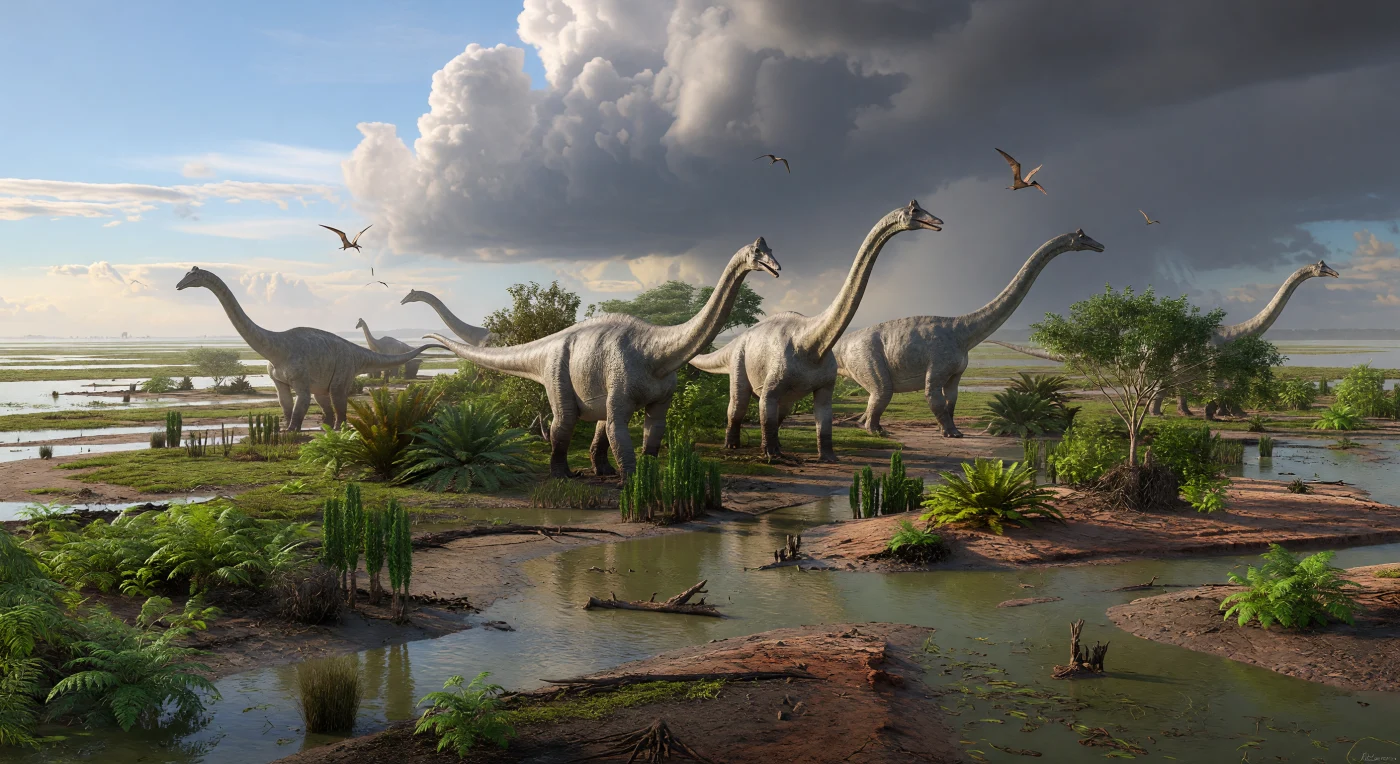 लगभग ९५ करोड़ वर्ष नहीं, बल्कि लगभग ९.५ करोड़ वर्ष पहले, क्रेटेशियस के सेनॉमेनियन काल में उत्तरी अफ्रीका के टेथिस तट के पास फैले दलदली डेल्टा में पैरालिटाइटन स्ट्रोमेरी का एक छोटा झुंड कीचड़ भरी जलधाराओं, फ़र्नों और शुरुआती फूलदार पेड़ों के बीच चरता दिखाई देता। ये लगभग २५–२६ मीटर लंबे टाइटैनोसॉर अपने स्तंभ जैसे पैरों, भारी धड़ और लंबी गर्दन के साथ नीची वनस्पति और शाखाओं को नोचते हैं, जबकि ऊपर ४–५ मीटर पंख फैलाव वाले आनहंगुएरा-जैसे प्टेरोसॉर मानसूनी बादलों के नीचे मंडराते हैं। यह दृश्य उस गर्म, आर्द्र विषुवतीय दुनिया की झलक है जहाँ अफ्रीका के तटीय निम्नप्रदेशों में जलभराव, गाद-भरी नहरें और नई विकसित होती पुष्पीय वनस्पतियाँ विशाल शाकाहारी डायनासोरों को सहारा देती थीं।
