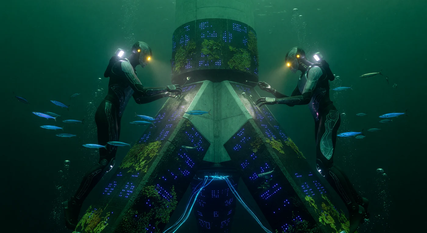 During the mid-21st century era known as The Threshold (c. 2045), Europe’s energy infrastructure extended deep into the North Sea through massive Giga-Wind Turbine arrays. This scene illustrates Sentient Synthetics—specialized bionic entities with carbon-fiber chassis—inspecting a graphene-composite tripod base while schools of genetically resilient Atlantic herring (*Clupea harengus*) dart through the emerald-green currents. The interplay of bioluminescent structural sensors and the cyan glow of superconducting cables highlights the complex integration of post-scarcity technology within the marine ecosystems of the Great Transition.