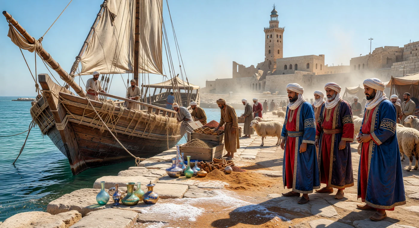 تُصور هذه المشهدية سفينة "داو" خشبية راسية في ميناء الإسكندرية خلال العصر الأيوبي في القرن الثاني عشر، حيث يظهر هيكلها المشدود بألياف جوز الهند وهي تفرغ حمولتها من التوابل والزجاج النفيس. ويشرف تجار يرتدون أثواب "الطراز" الحريرية المطرزة على حركة الميناء المزدحم فوق أرصفة الحجر الجيري، بينما يلوح في الأفق فنار الإسكندرية العظيم بترميمه المعماري الإسلامي. يعكس هذا المشهد الدور الحيوي للمدينة كمركز عالمي للتجارة والتبادل الثقافي بين الشرق والغرب في ذروة العصور الوسطى.