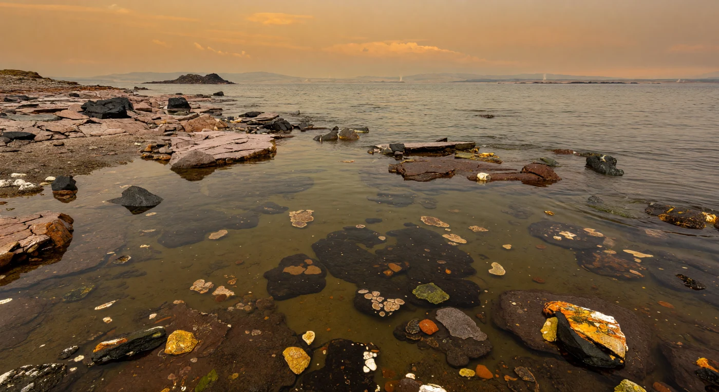 Along the margin of an emerging Archean craton, a shallow ferruginous sea laps against bare tonalite, basalt, and greenstone under a hazy orange sky, with no plants or animals to break the rocky shoreline. In the warm, iron-rich water, suspended microbes, patchy microbial mats, silica crusts, and a few low stromatolite-like domes hint at some of Earth’s earliest ecosystems. This scene represents nearshore environments roughly 3.2–2.7 billion years ago, when oxygen was scarce, continents were only beginning to stabilize, and microbial life dominated the planet.