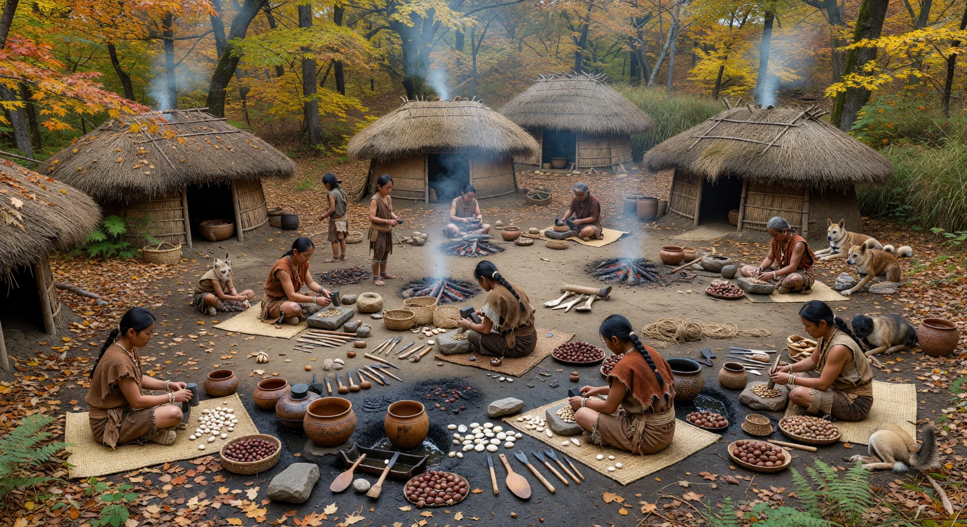 秋の落葉に包まれた縄文時代前・中期の集落では、竪穴住居が並ぶ林間の広場で、人びとが石のハンマーと台石を使ってクリやクルミ、ドングリを割り、すりつぶした実を籠や縄文土器でアク抜きしながら炉火を囲んでいます。足元にはシカ角製の道具や編み籠が整然と置かれ、犬たちが静かに寄り添う姿も見え、定住性の高い縄文社会の日常が生き生きと伝わります。縄文人は稲作が広がる以前から、豊かな森林資源を巧みに利用して堅果類を保存・加工し、土器や木工、編組品を組み合わせた高度な採集生活を営んでいました。