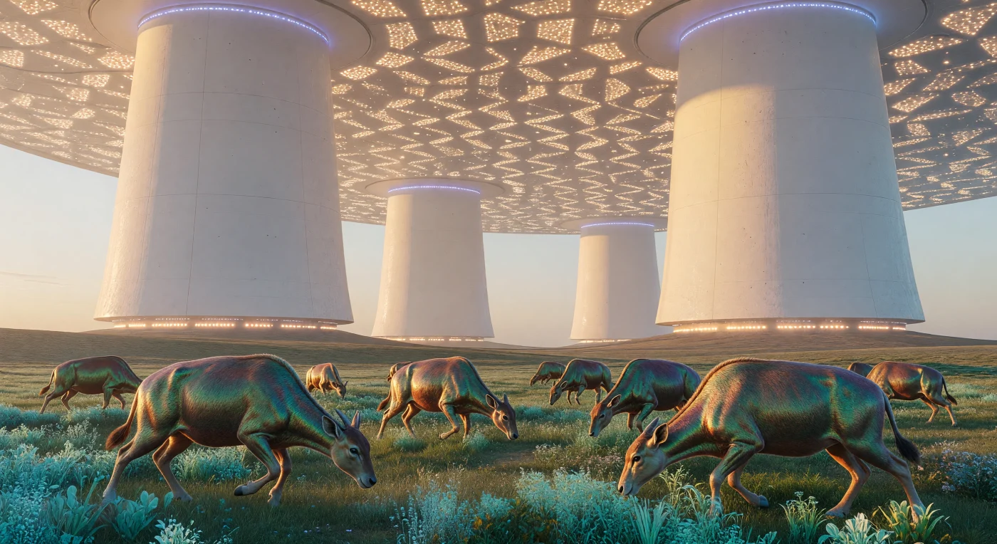 宇宙成熟期（紀元2万年〜10万年頃）のオリオン腕連邦において、高度な遺伝子工学が生んだ「六肢類（ヘキサペダル）」の群れが、シアン色の植物が広がるシェル・ワールドの人工平原で共生しています。彼らの体表を覆うバイオフォトニック毛は、ダイソン球の光を反射して虹色に輝きながら熱調節を行う極めて機能的な進化の産物であり、背後には大気浄化と熱力学的平衡を担う巨大なセラミック製の「肺の塔」がそびえ立っています。この光景は、タイプII文明が到達した、工学的な静謐さと生物学的多様性が完全に調和した究極の保全区域の姿を今に伝えています。