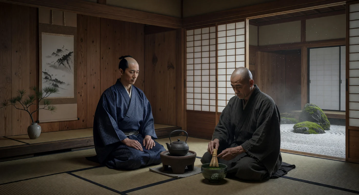室町時代の書院造の広間で、静寂の中に禅僧と侍が向かい合い、黒釉の天目茶碗で抹茶を点てる様子が描かれています。畳や障子、床の間の水墨画といった日本独自の建築様式が確立されたこの時代、茶の湯は禅の精神と深く結びつき、武士階級にとって重要な教養と社交の場となりました。柔らかな光が差し込む空間には「わび・さび」の美学が漂い、一服の茶を通じて精神を研ぎ澄ませる当時の静謐な文化を象徴しています。