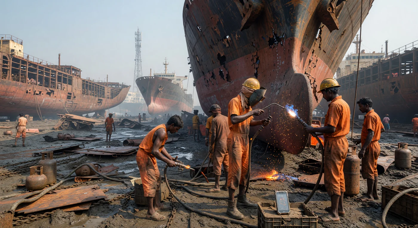 At the Alang Ship Breaking Yard in Gujarat, India, laborers utilize oxy-acetylene torches to dismantle the towering steel hulls of decommissioned 20th-century tankers. This scene illustrates the "Digital Age" in South Asia, where the monumental scale of manual industrial labor coexists with modern connectivity, represented by the presence of a cellular tower and a worker's smartphone. As a primary site for global ship recycling, Alang reflects the region's critical role in the international maritime economy and the intense, often hazardous conditions of those reclaiming resources from the decaying titans of global trade.