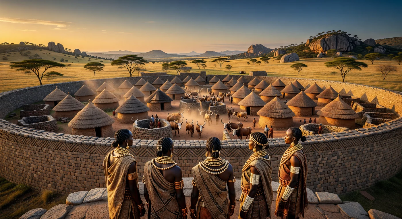 Hoch oben auf den monumentalen, ohne Mörtel errichteten Granitmauern von Groß-Simbabwe blicken Shona-Eliten in prächtigen Raffia-Gewändern und schwerem Goldschmuck über ihr weitläufiges Reich. Im goldenen Licht des 14. Jahrhunderts zeigt sich ein blühendes urbanes Zentrum mit traditionellen Rundhütten und großen Herden von Sanga-Rindern, die das wirtschaftliche Fundament dieser südafrikanischen Macht darstellten. Diese beeindruckende Anlage zeugt von der architektonischen Meisterschaft und dem kulturellen Höhepunkt des Shona-Königreichs während des späten Mittelalters.