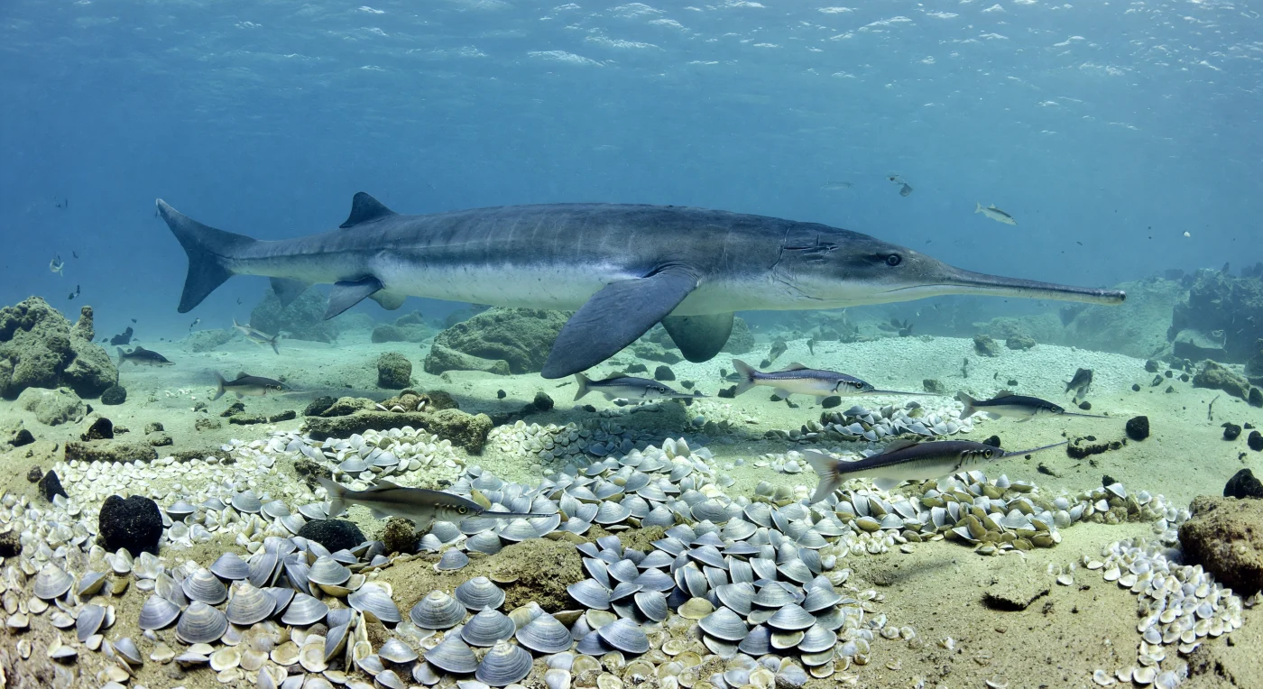 Dans les eaux bleu-vert d’un plateau continental de la Panthalassa, il y a environ 220 à 210 millions d’années, un immense Shonisaurus de 12 à 15 mètres glisse au-dessus d’un fond couvert de coquilles de Monotis, tandis que quelques Saurichthys fuselés filent en éclairs au-dessus des bancs coquilliers. Cette scène du Trias supérieur évoque une marge océanique active bordant l’ouest de la Pangée, où des sédiments carbonatés riches en débris de coquilles se mêlaient à des fragments volcaniques venus d’arcs insulaires voisins. Les petites Monotis, à peine de la taille d’une main, soulignent l’échelle colossale de cet ichthyosaure géant, l’un des plus grands reptiles marins de son temps.