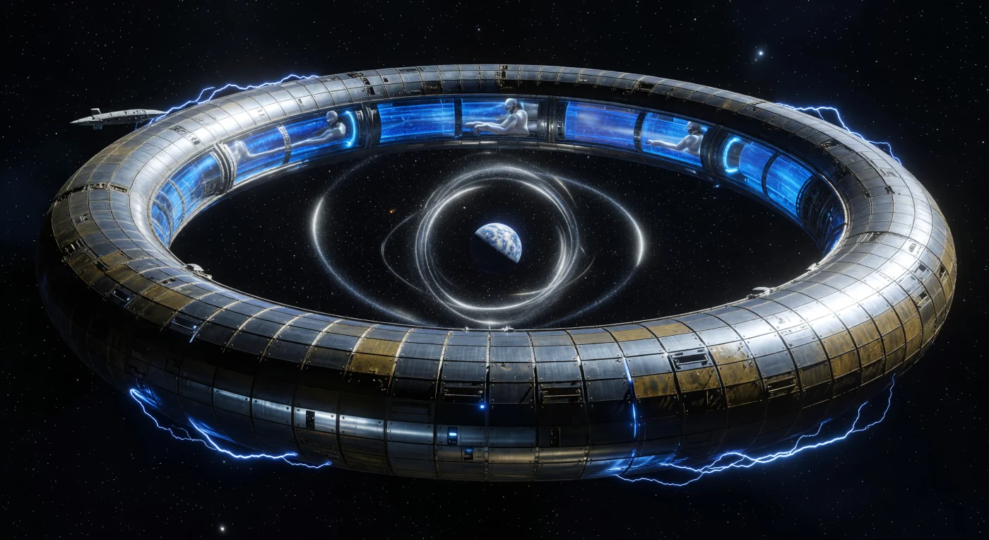 O Shunt Gravimétrico Unificado Sol, um massivo toro de cromo-aço de 500 metros, domina o ponto de Lagrange L5 neste registro tecnológico da Grande Divergência (2200–2500 EC). O núcleo da estrutura abriga matéria estranha em fluxo relativístico, cuja densidade extrema gera um anel de Einstein que distorce violentamente o campo estelar e a luz da Terra através de lentes gravitacionais. Observa-se a acoplagem de naves tripuladas por pós-humanos — seres de membros alongados e pele iridescente integrados por Pontes Sinápticas — simbolizando a transição definitiva da humanidade de uma espécie planetária para uma civilização fragmentada e multi-modal.