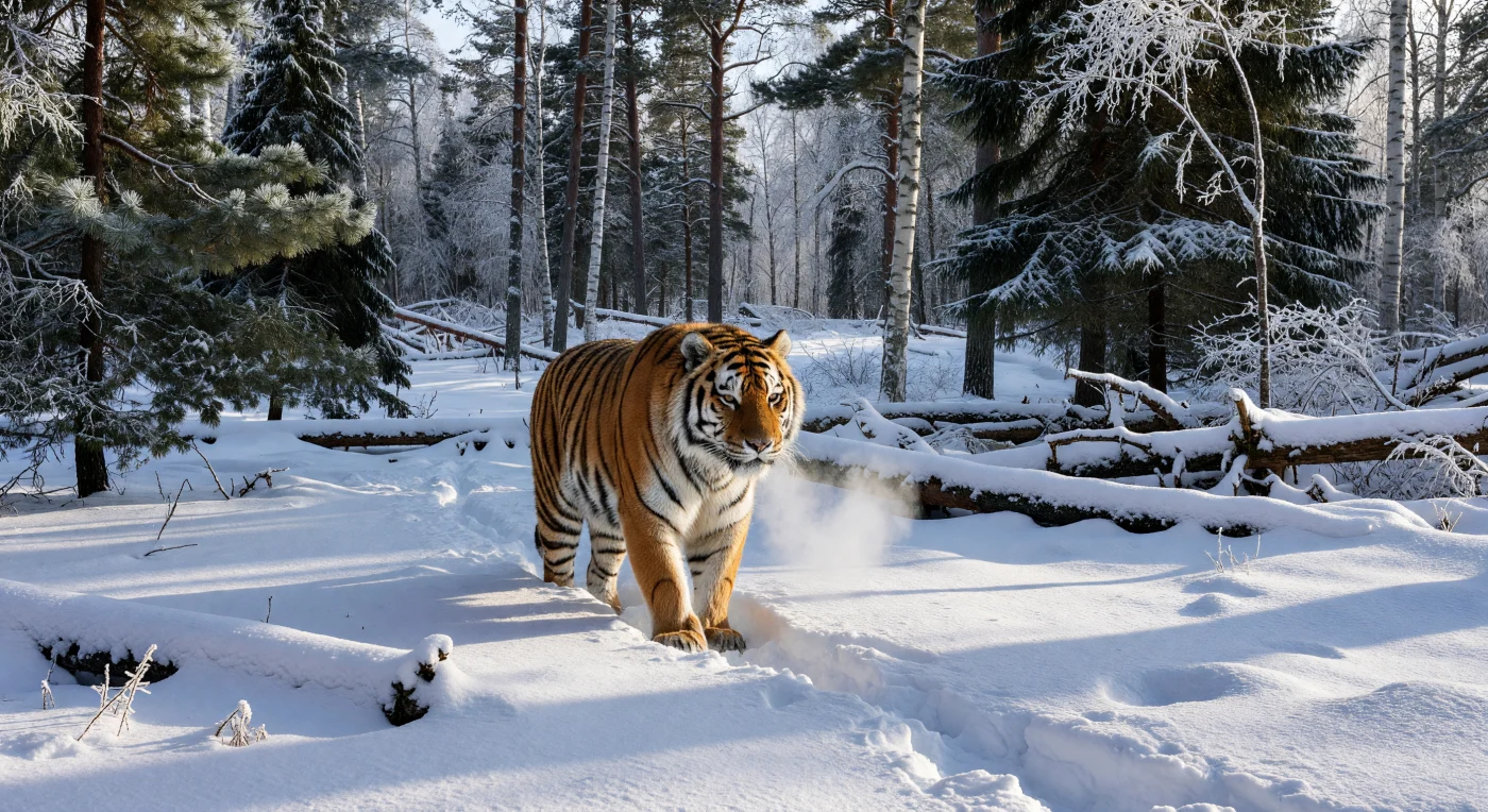 Ein gewaltiger Amur-Tiger mit dichtem Winterfell durchstreift den hüfthohen Schnee der unberührten Ussuri-Taiga, während sein Atem in der klirrenden Kälte von -40 °C als weißer Nebel sichtbar wird. Diese Darstellung aus den 1930er-Jahren fängt die raue Isolation des russischen Fernen Ostens während der Zwischenkriegszeit ein, in der die monumentalen Wälder aus Korea-Kiefern und Silberbirken eine fast zeitlose Wildnis bildeten. Als größte Katze der Welt symbolisiert der Sibirische Tiger die ungeheure Widerstandsfähigkeit der Natur in einer Region, die geografisch weit entfernt von den politischen Zentren der Weltkriege lag.