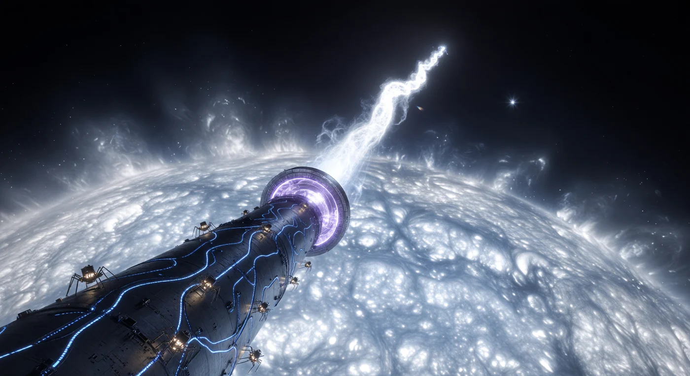 Pairando sobre a fotosfera turbulenta de Sirius A, o Sifão de Plasma do Setor Sirius utiliza forças de Lorentz para extrair um cordão colossal de hidrogênio estelar em direção à sua entrada magnética de brilho violeta. Esta estrutura de carbeto de háfnio, datada do Alvorecer Interestelar (c. 3000–5000 d.C.), exemplifica o domínio tecnológico da Segunda Expansão Milenar sobre ambientes de estresse térmico extremo. Enquanto veias de hélio líquido impedem a vaporização imediata da estação, minúsculos drones "Void-Engineer" realizam manutenções críticas na fuselagem, operando sob o brilho binário de Sirius A e de sua densa companheira, a anã branca Sirius B.