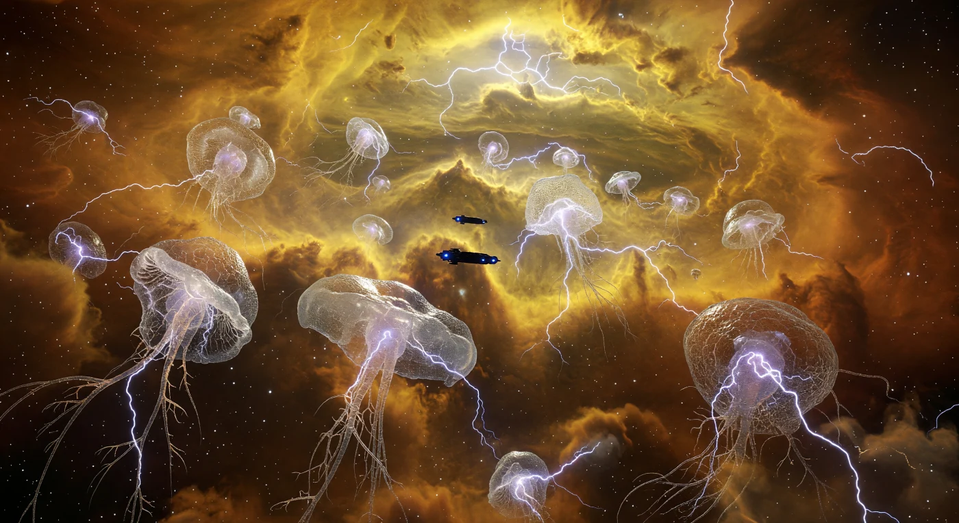 Nesta visão da troposfera de alta pressão do exoplaneta HD 209458 b, datada da Era do Primeiro Contato (c. 5.000–20.000 d.C.), imensas colônias microbiais translúcidas chamadas Aerossol-Sifonóforos derivam através de uma densa atmosfera de âmbar neon. Estas estruturas colossais estendem filamentos de cobre orgânico para colher a energia de descargas elétricas planetárias, enquanto um drone remoto dos Silicon-Ethereals monitora silenciosamente o fenômeno. Sob uma chuva de cristais de amônia, estas formas de vida revelam a complexidade das redes neurais em estado líquido, prosperando em um ecossistema de pressão extrema e isolamento profundo.