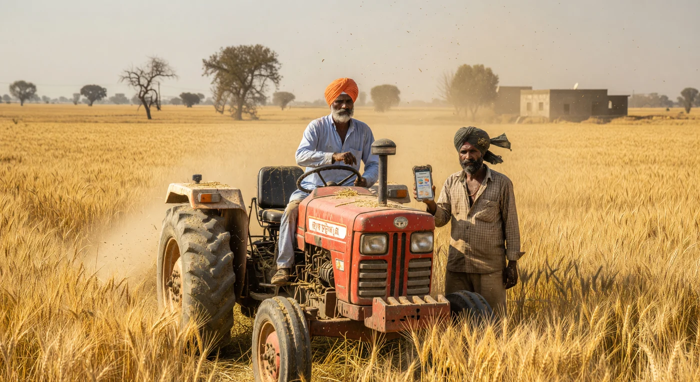 In den goldenen Weizenfeldern des Punjab bedienen zwei Sikh-Bauern einen roten Mahindra-Traktor, was die tiefgreifende Mechanisierung der indischen Landwirtschaft im digitalen Zeitalter verdeutlicht. Während einer der Männer am Steuer sitzt, nutzt sein Begleiter ein modernes Smartphone mit einer Wetter-App, um die Ernte präzise auf die klimatischen Bedingungen abzustimmen. Diese Szene fängt die charakteristische Verschmelzung von traditioneller Lebensweise und technologischer Präzision ein, die den ländlichen Raum Südasiens im frühen 21. Jahrhundert prägt.