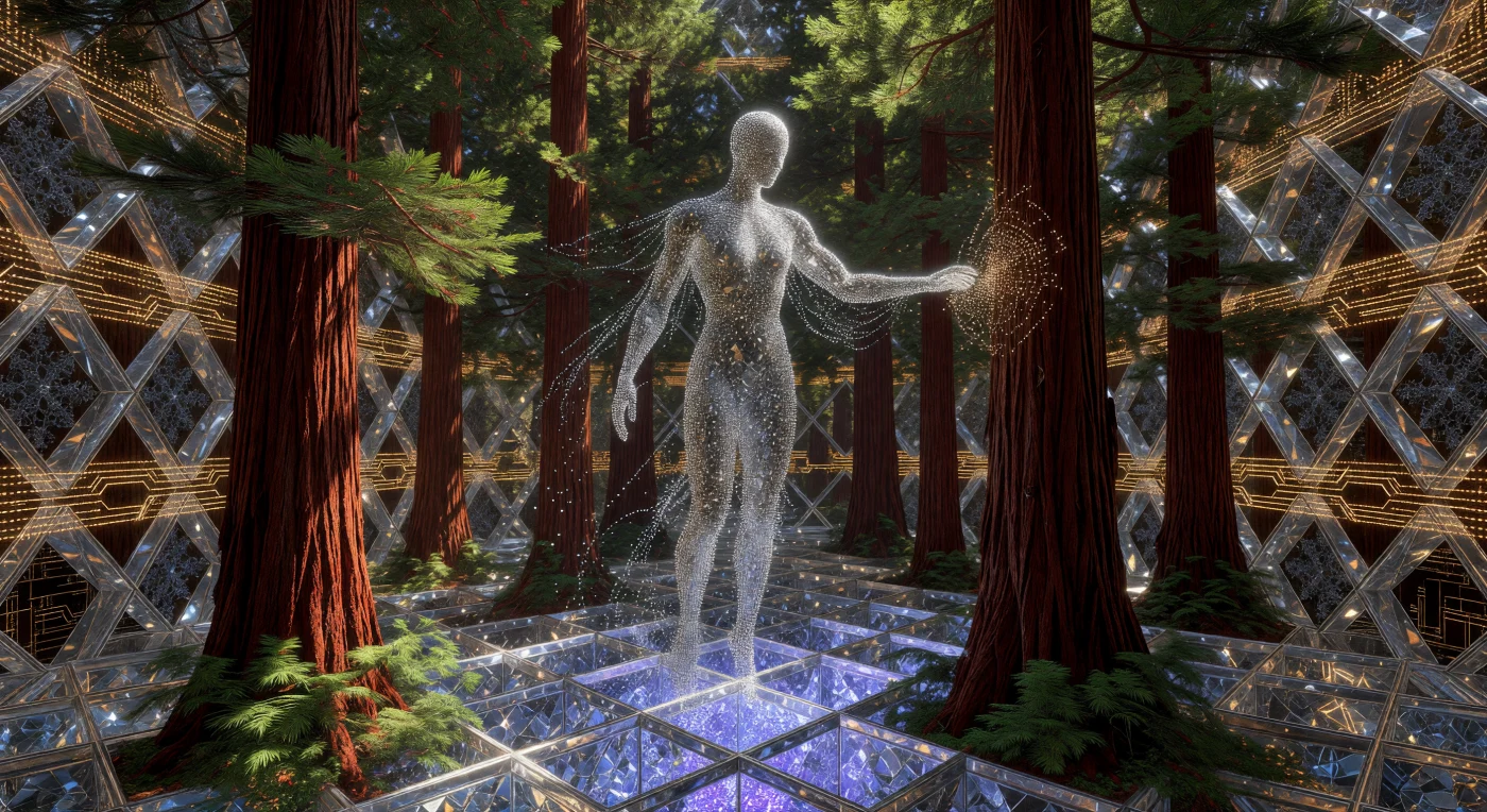A Silicon-State Sentience, a member of the post-biological "Disembodied" phyla, manifests as a shimmering nanobot swarm within the hexagonal diamond-lattice of a Frontier compute-core during the Galactic Age (c. 5,000–20,000 CE). To preserve psychological equilibrium, the entity projects a hyper-realistic Noosphere simulation of an ancient Terran redwood forest, rendered with molecular precision and illuminated by the amber data-streams of the station’s logic circuits. In the background, the intense blue-violet glow of a Schwarzschild Kugelblitz Drive—a microscopic black hole—powers the node, illustrating the era’s mastery over mass-to-energy conversion through captured Hawking radiation.