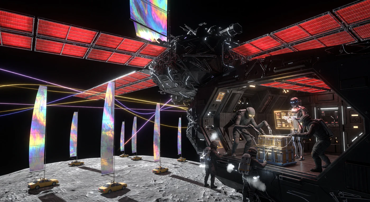 In der Ära der Solaren Expansion (2500–3000 n. Chr.) dient dieser gewaltige Hub im Merkur-Orbit als industrielles Herzstück für den Dyson-Schwarm, wo schwere Elemente mittels Stellar Lifting direkt aus der Sonnenkorona gewonnen werden. Zwischen den massiven, kirschrot glühenden Radiatorflügeln der Station navigieren filigrane Photonen-Segeltaxis, während Exo-morphe Silikate – biotechnologisch optimierte Wesen mit strahlungsresistenten Silizium-Panzern – die wertvolle Fracht unter der extremen Lichtintensität der nahen Sonne entladen. Diese Momentaufnahme einer Zivilisation vom Typ Kardaschow 1,9 verdeutlicht die technologische Beherrschung des interplanetaren Raums durch das komplexe Zusammenspiel von Substrat-unabhängigen Intelligenzen und spezialisierten biologischen Lebensformen in der lebensfeindlichen Leere.