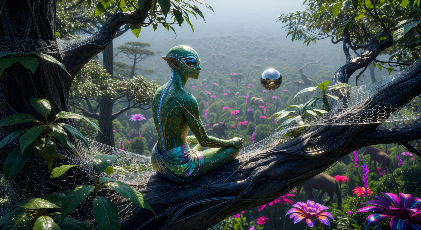 A Silvanid post-human is captured in "Sun-Stasis" atop the massive, carbon-nanotube-reinforced branch of a genetically engineered Sequoia, 150 meters above the forest floor. Dating to the Convergence era (c. 2164 AD), this individual utilizes a chlorophyll-infused dermis to supplement their energy needs through photosynthesis while synchronized with the Biomic Stream, a global neural network for ecological monitoring. The scene illustrates the "Invisible Infrastructure" of the 22nd century, where transparent rectenna carpets and orbital energy beams allow for a high-tech existence within a meticulously restored, rewilded wilderness.