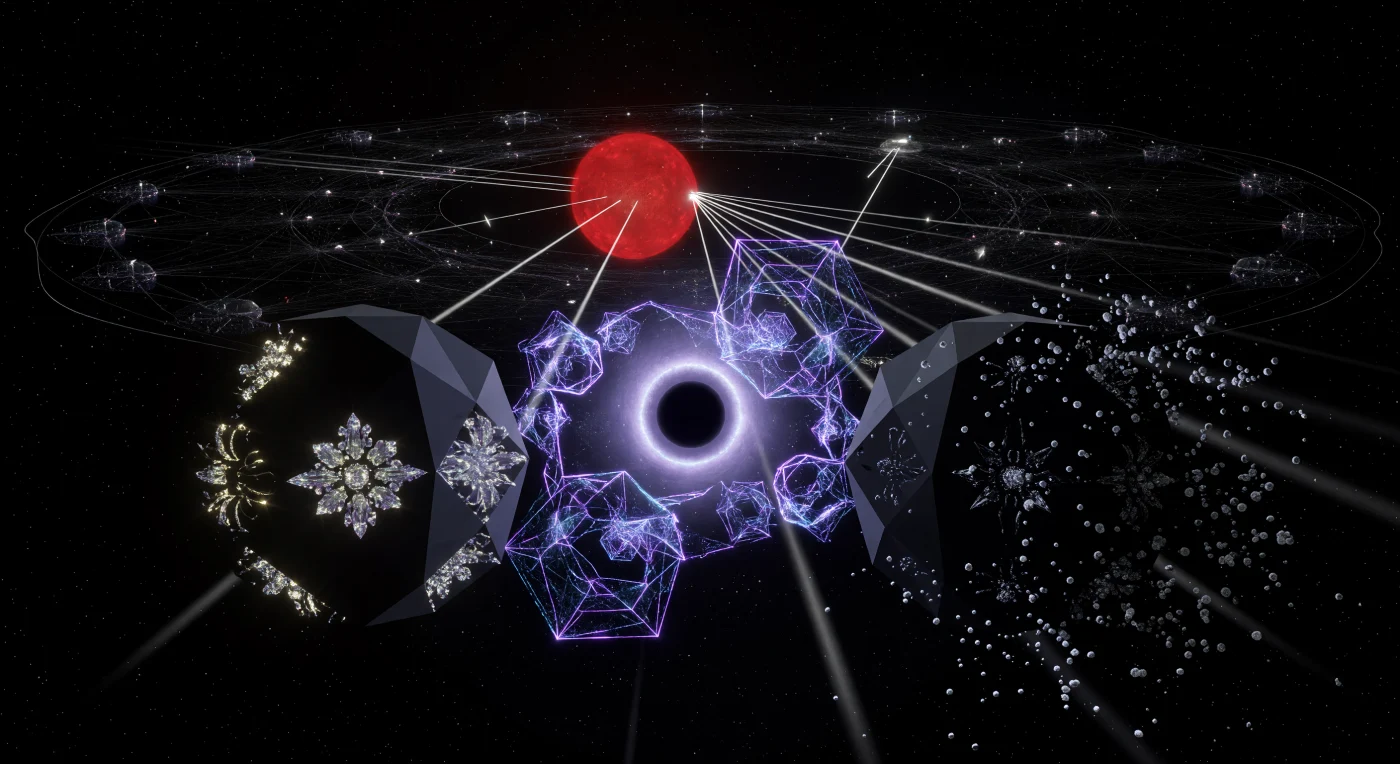 During the era of the Interstellar Dawn (c. 3000–5000 CE), post-biological entities known as Substrate-Independent Minds (SIMs) governed the Barnard’s Star system through a rigorous computational meritocracy. This scene illustrates a "Logic Duel," an advanced form of conflict resolution where two massive utility-fog avatars clash using multi-dimensional fractal projections to test the mathematical integrity of their opponent’s premises. As the losing entity’s structural lattice "de-rezzes" into a cloud of inert smart-dust, the dim crimson light of the red dwarf illuminates the surrounding Stellar Statite Swarm and the violet Hawking radiation of the Kugelblitz Prime black hole.