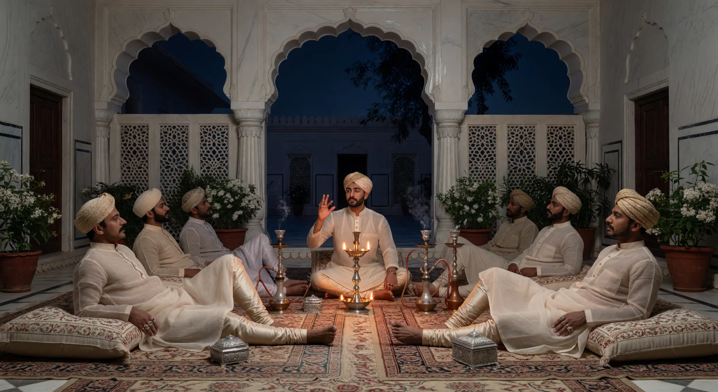 Nesta cena noturna de um *Mushaira* na Lucknow do século XIX, nobres da elite reclinam-se sobre almofadas bordadas sob a luz suave de lamparinas de prata e arcos de gesso *chunam* polido que brilha como marfim. Vestidos com *angarkhas* de musselina de Daca — um tecido tão fino que era conhecido como "ar tecido" — e turbantes impecáveis, esses homens representam o auge do refinamento cultural e intelectual da era Nawabi. O evento captura a atmosfera de sofisticação artística e tradição literária que definia a vida urbana no Norte da Índia durante o complexo período de transição para o domínio colonial britânico.
