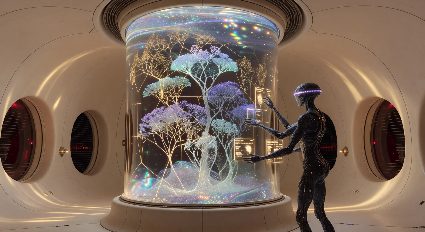 In questa suggestiva istantanea dell’Era della Maturità Cosmica (20.000 – 100.000 d.C.), un essere Ibrido della Federazione del Braccio Locale supervisiona la crescita accelerata di un ecosistema arboreo all'interno di un monumentale reattore in vetro di zaffiro. Attraverso l'agricoltura ad assemblaggio molecolare, la flora dendritica viene tessuta atomo per atomo seguendo precisi reticoli di naniti dorati, una tecnologia che permette di generare biomi complessi per i mondi orbitanti attorno ai grandi sciami di Dyson. L'imponente struttura in bio-ceramica bianca, progettata per dissipare il calore entropico del processo, riflette la sofisticata armonia tra ingegneria estrema e gestione ecologica raggiunta da questa civiltà galattica di Tipo II.