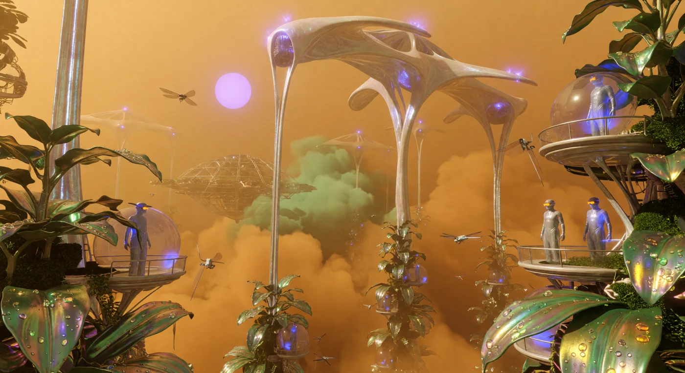 태양계 확장기(서기 2500~3000년)의 정점인 이 광경은 금성 상공 55km 지점에 부유하는 '키테레아 구름 정원'의 독특한 생태계를 보여줍니다. 거대한 생체 키틴(Bio-Chitin) 골격에 매달린 유전자 변형 식물들은 황산 안개로부터 자신을 보호하기 위해 무지갯빛 금속 광택의 잎을 발달시켰으며, 그 사이로 가느다란 체형의 키테레아 정착민들이 거주하는 투명한 '스핀 글라스' 관측 포드가 푸른 빛을 내뿜고 있습니다. 이는 극한의 고압 환경 속에서 생명과 기술이 결합되어 탄생한 포스트 행성 패권 시대의 경이로운 건축적 진화상을 제시합니다.