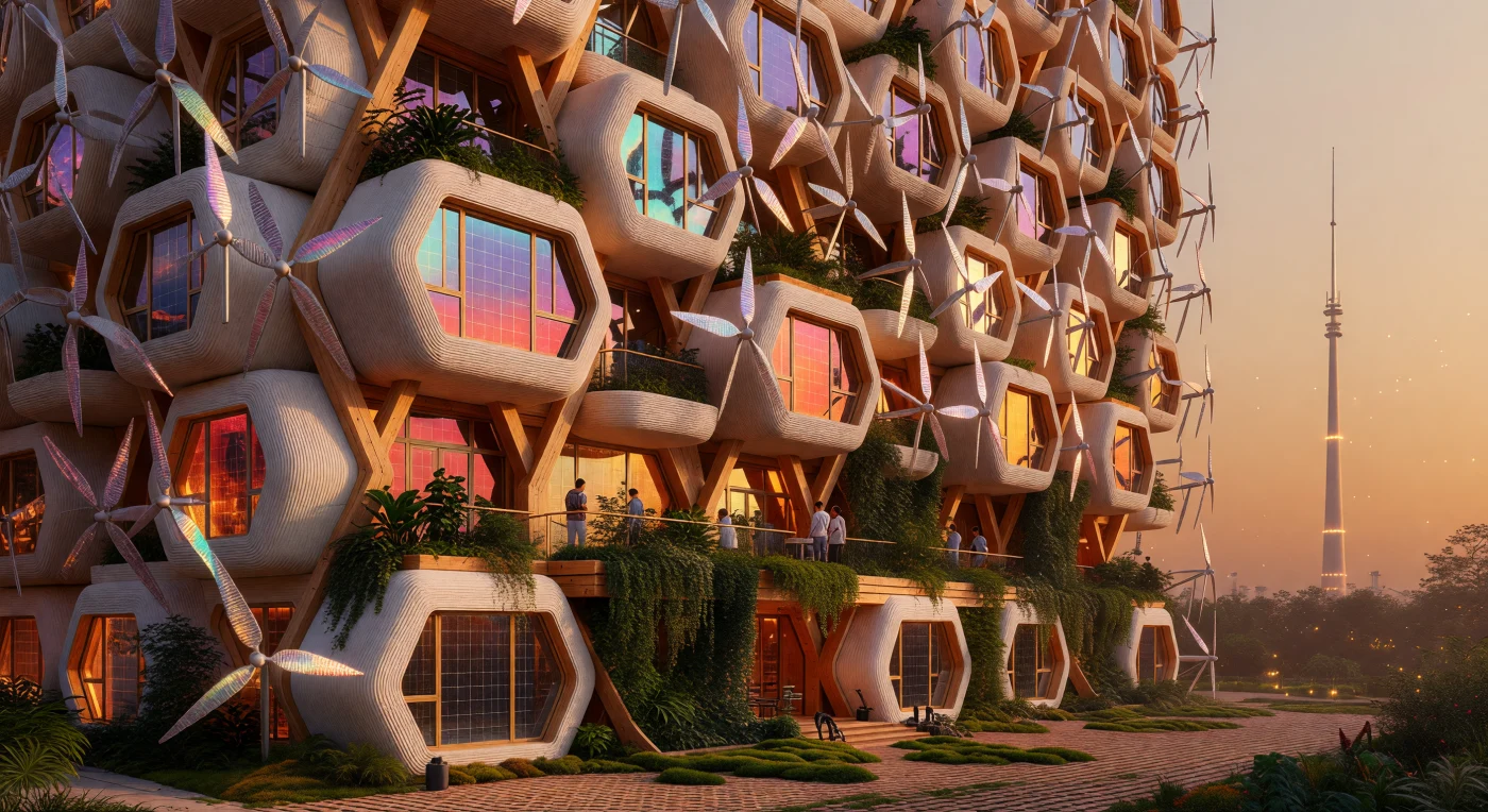 تُصور هذه اللوحة المعمارية من حقبة "العتبة" (2025-2050) مجمعاً سكنياً بنظام "الخلايا الكسرية" المطبوعة ثلاثياً من مركبات الميسليوم الفطري والبازلت، وهي فترة تميزت بالتحول العالمي نحو التكامل البيولوجي العميق. تبرز الواجهة "المُريّشة" بتوربينات هوائية مجهرية ترفرف في التيارات الحرارية، بينما تكتسي النوافذ بطبقات من زجاج الجرافين الشمسي الذي يعكس سماءً مشبعة بالجسيمات العالقة في أفق مدن "الإسفنج" المستدامة. يجسد هذا الهيكل، المدعوم بأضلاع من الخشب المصفح المتقاطع (CLT) والحدائق العمودية المفيضة بنباتات اللبلاب، التوازن الحرج بين التكنولوجيا المتقدمة والمرونة الحيوية في مواجهة التحولات المناخية الكبرى.