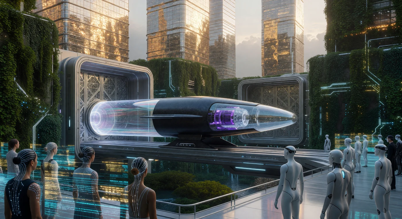 Nel 2048, lo snodo di Suwon illustra l'apice tecnologico dell'Asia orientale durante "La Soglia", un'epoca di transizione verso l'integrazione totale tra vita sintetica e biologica. Un convoglio maglev in fibra di carbonio emerge da un condotto sottovuoto guidato da un'interfaccia quantistica MILA-2, sorvolando una "città spugna" dove la vegetazione bioluminescente è geneticamente modificata per il massimo sequestro di carbonio. In questo panorama dominato dall'energia a fusione, cittadini umani dai legami neurali avanzati interagiscono con entità sintetiche non biologiche, definendo una nuova era di coesistenza cognitiva sul pianeta.