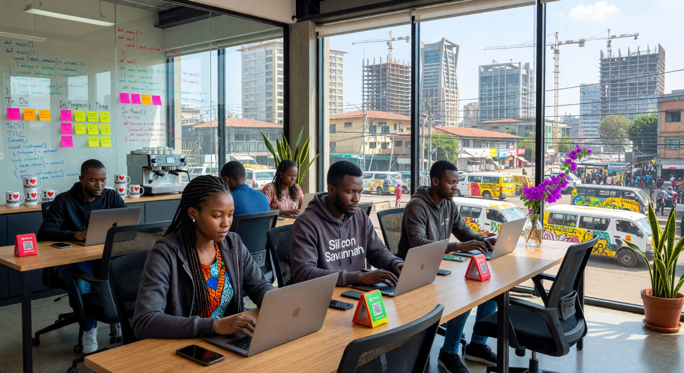 Young Kenyan software developers collaborate in a high-tech coworking space in Nairobi’s Westlands district, a central hub of the "Silicon Savannah" during the mid-2020s. This scene captures the continent's digital transformation, where a new generation of professionals utilizes global programming languages alongside local innovations like M-Pesa to drive economic growth. The backdrop of the evolving Nairobi skyline, featuring bustling "Matatu" minibuses and rising skyscrapers, illustrates the rapid urbanization and "technological leapfrogging" that defined Africa's role in the global Digital Age.