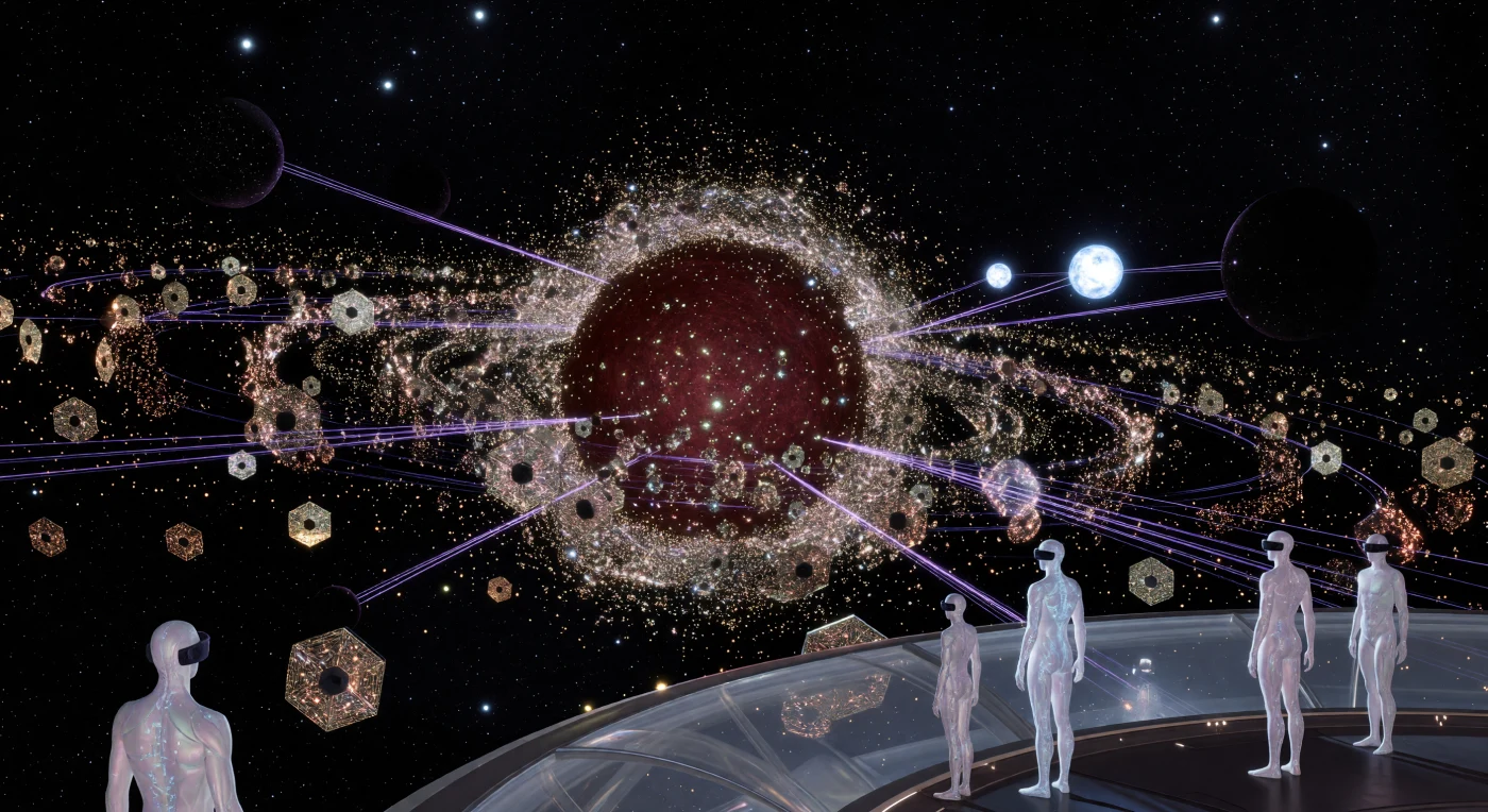 In dit panorama uit het tijdperk van de Kosmische Maturiteit (ca. 20.000 – 100.000 n.Chr.) zien we de Sol-Centauri Sterrensluier, een monumentale Dyson-zwerm van biljoenen goud-aluminium spiegels die een ster transformeren tot een smeulende infrarode sintel. Deze megastructuur, rond 32.440 n.Chr. voltooid door de Sol-Centauri Hegemonie, vangt 99,8% van de stellaire lichtkracht op om de massieve Hub-Worlds van de Post-Biologische Architecten van energie te voorzien. Het markeert een cruciaal punt in de diepe tijd waarin de menselijke nageslacht de planetaire grenzen oversteeg en de fundamentele architectuur van het zonnestelsel herschiep tot een gigantisch, denkend instrument.