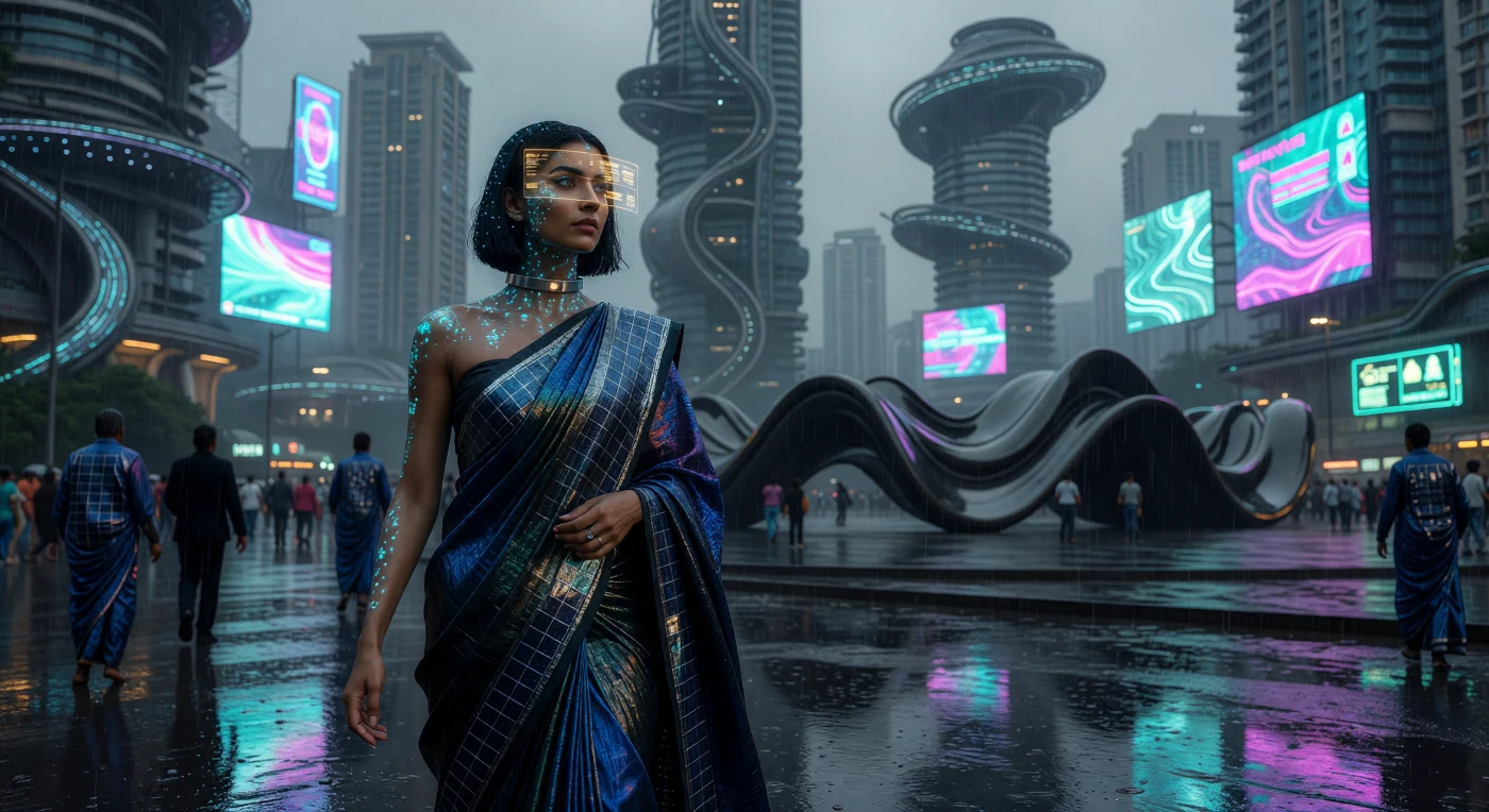 A resident of New Mumbai navigates a monsoon-drenched street during the Threshold era (c. 2025–2050), a period defined by the seamless integration of biotechnology and responsive fashion. She wears a traditional sari reimagined with Myco-silk and metallic solar-collecting foils that shift in color and density to provide insulation against the storm. Her appearance reflects the mid-21st-century "Composite Face" aesthetic, complemented by subdermal bioluminescent tattoos and a "Static Crop" hairstyle maintained by magnetic dust amidst the city’s dense, 4D-printed architecture.