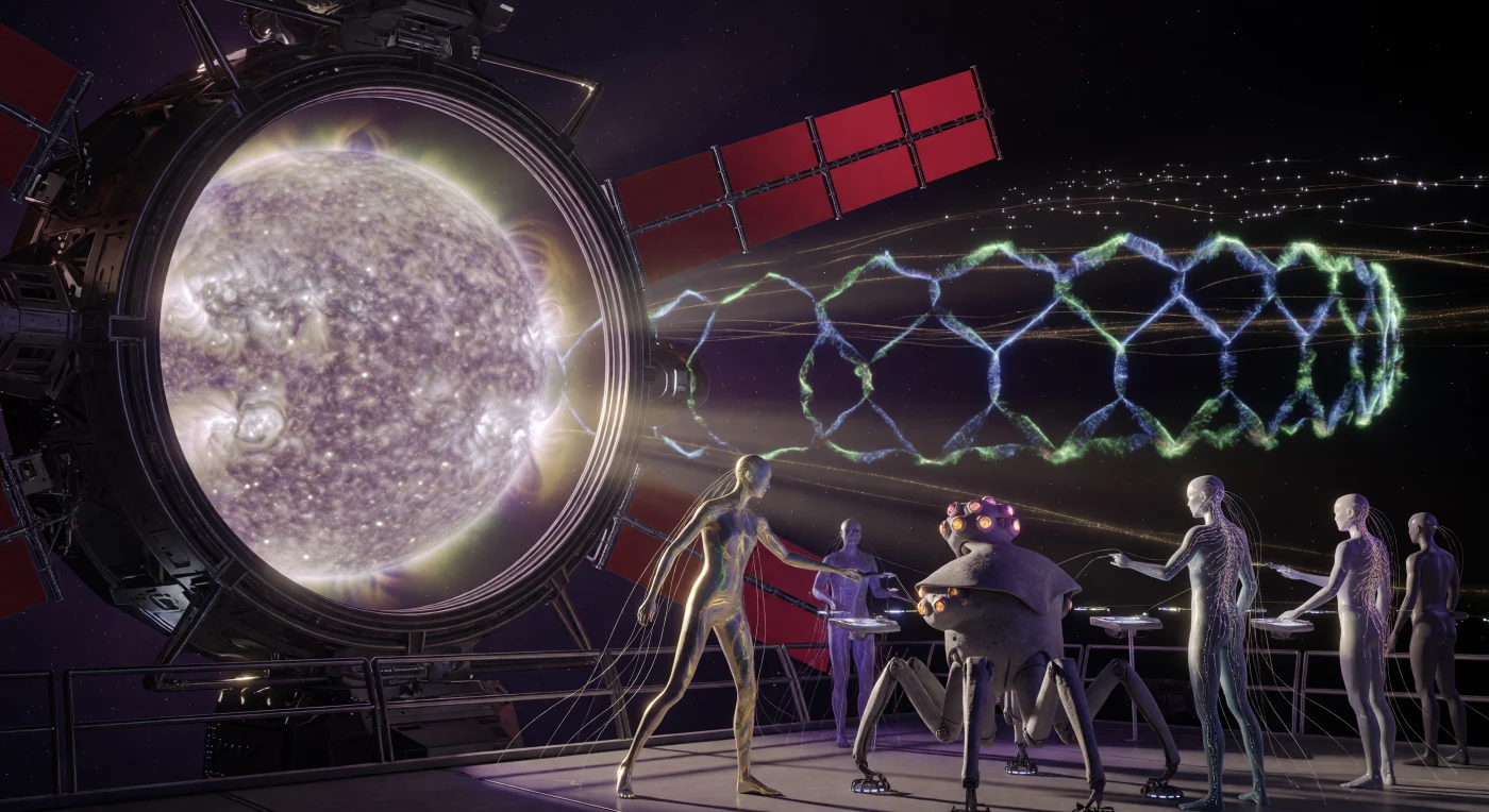 Set in the Solar Expansion Era (c. 2500–3000 CE), this scene depicts a specialized group of Solarians—including a slender Carbon-Baseline Augment, a chitinous Exo-morphic Silicate, and a translucent SIM Proxy—collaboratively sculpting a solar prominence into a geometric loop. From the observation deck of a Dyson Statite, these beings utilize neural-linked magnetic projectors to manipulate ionized plasma against the Sun’s photosphere, which is filtered into a deep violet through the station's advanced electromagnetic shielding. This display exemplifies the technological mastery of a Kardashev Type 1.9 civilization, where stellar lifting and energy harvesting have become the primary drivers of post-human evolution and cultural expression.