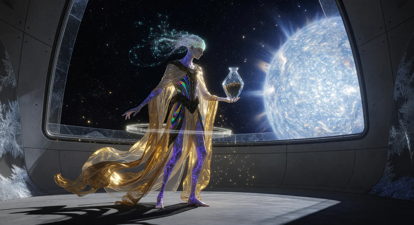 In der Ära des Interstellaren Aufbruchs (3000–5000 n. Chr.) illustriert diese Szene die evolutionäre Adaptation der Oort-geborenen Menschheit, deren „Lithe-Long“-Physiologie durch extrem verlängerte Gliedmaßen und biolumineszente Neural-Filamente an die Bedingungen der Schwerelosigkeit angepasst ist. Ein Priester vollzieht das Solar-Puls-Ritual vor einem massiven A-Typ-Stern, wobei er eine Phiole mit „Relikt-Erde“ präsentiert – ein seltenes geologisches Zeugnis der fernen Ur-Heimat Terra. Die Verbindung von hoch entwickelter Biotechnologie und der rituellen Verehrung urzeitlicher Bodenproben verdeutlicht das Spannungsfeld zwischen der technologischen Meisterschaft des Weltraums und der tief verwurzelten Sehnsucht nach den planetaren Ursprüngen der Spezies.