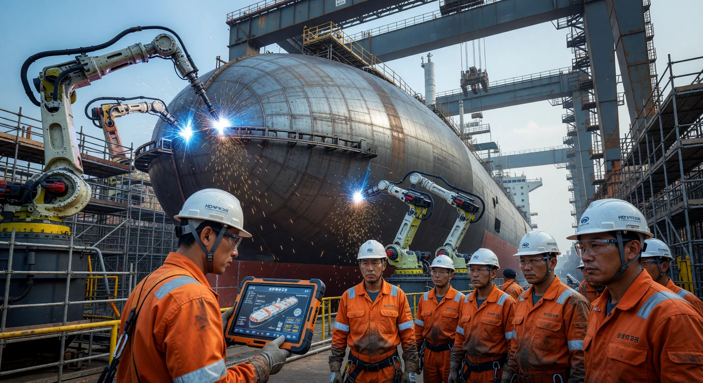 Em um estaleiro em Geoje, na Coreia do Sul, braços robóticos de última geração executam soldas precisas no monumental casco de aço de um navio transportador de Gás Natural Liquefeito (GNL). Esta cena ilustra o auge da liderança sul-coreana na engenharia naval durante a Era Digital, destacando a integração de tecnologias inteligentes e automação na construção de infraestruturas energéticas complexas. Enquanto faíscas douradas e arcos elétricos iluminam a doca seca, especialistas monitoram o progresso através de dispositivos móveis, refletindo a transição definitiva da região para um polo de inovação tecnológica de alta precisão.