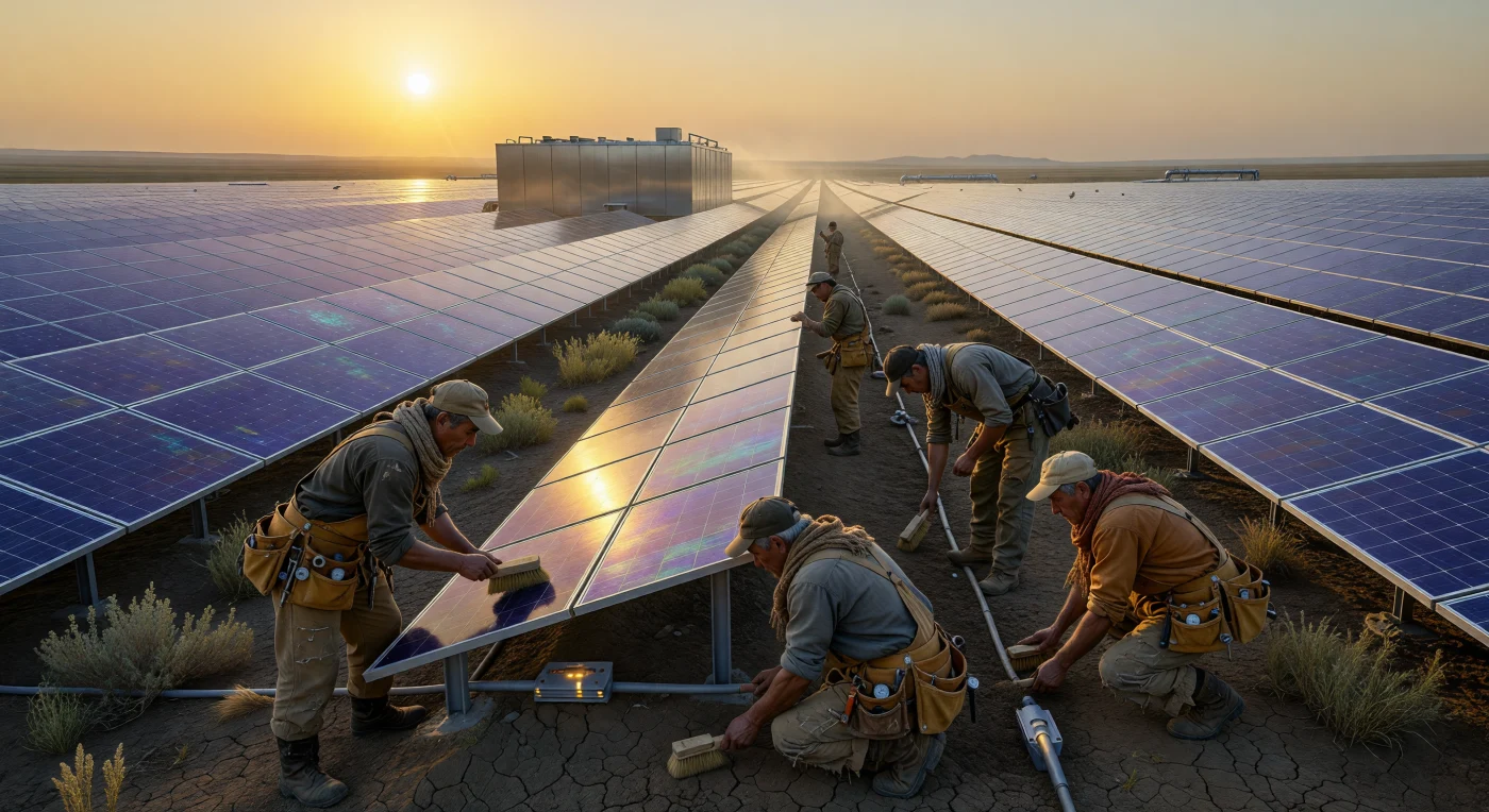 Diese Szene aus der Ära der „Augmentierten Dämmerung“ (ca. 2050–2100) dokumentiert unaugmentierte „Solidaristen“ bei der manuellen Instandhaltung des Helios-Gitters in der kasachischen Steppe. Zwischen gigantischen, irisierenden Perowskit-Silizium-Solaranlagen und massiven Flüssigmetall-Batteriesilos kultivieren diese Menschen unter einer gleißenden Sonne genetisch stabilisierten Weizen in den kargen Zwischenräumen der Energie-Infrastruktur. Die Darstellung verdeutlicht die Koexistenz von traditioneller biologischer Existenz und den gewaltigen technologischen Arterien der Eurasischen Föderation an der Schwelle zu einer neuen Evolutionsstufe.