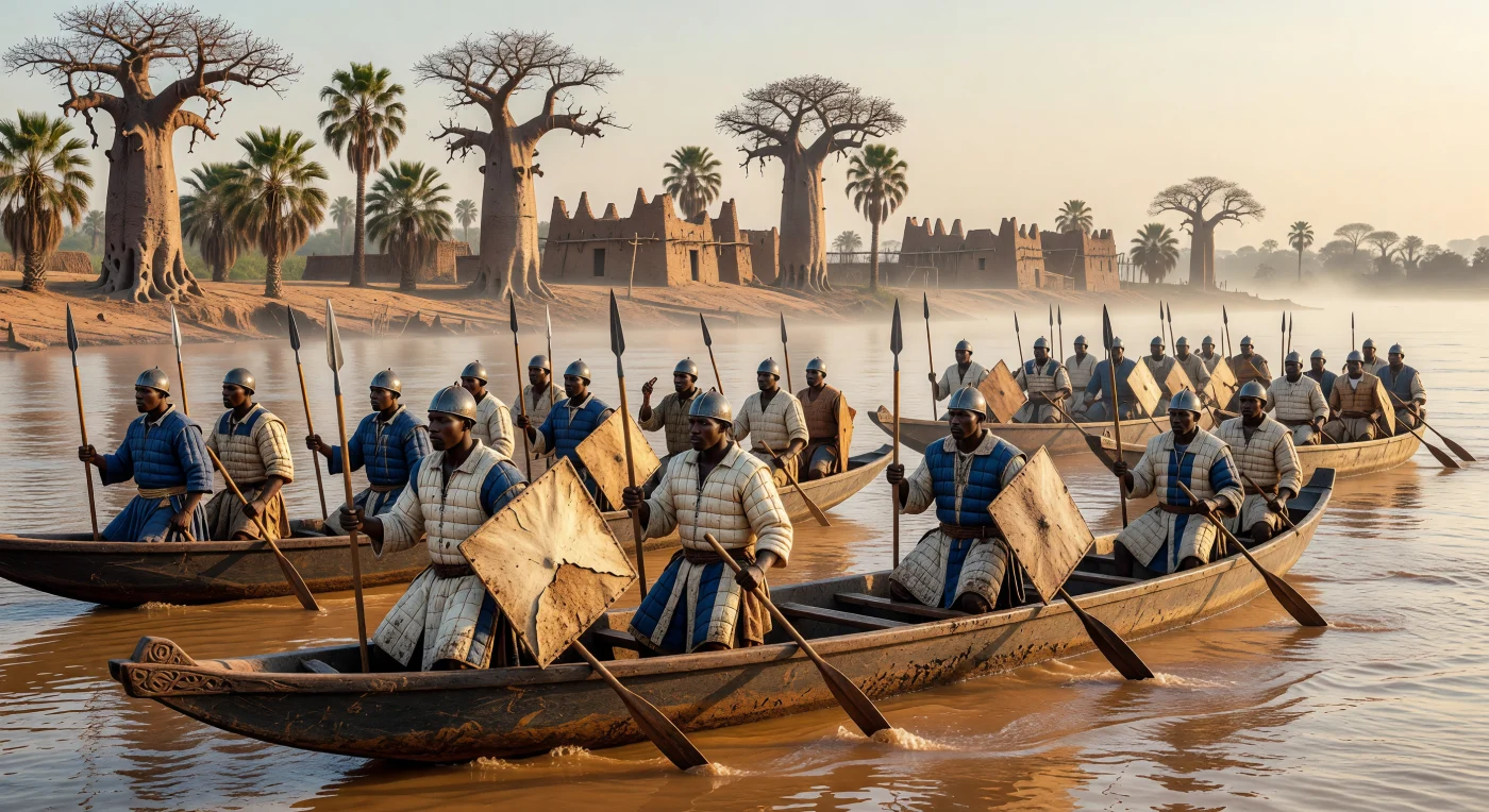 A disciplined flotilla of Songhai warriors navigates the silt-rich waters of the Niger River, the vital artery of West Africa’s preeminent Renaissance empire. These soldiers are outfitted in characteristic quilted cotton armor and iron helmets, specialized gear designed to provide protection against projectile weapons while enduring the intense Sahelian heat. The scene captures the height of the empire’s military organization and naval reach, set against a backdrop of Sudano-Sahelian banco architecture and the ancient baobab trees that define the regional landscape.