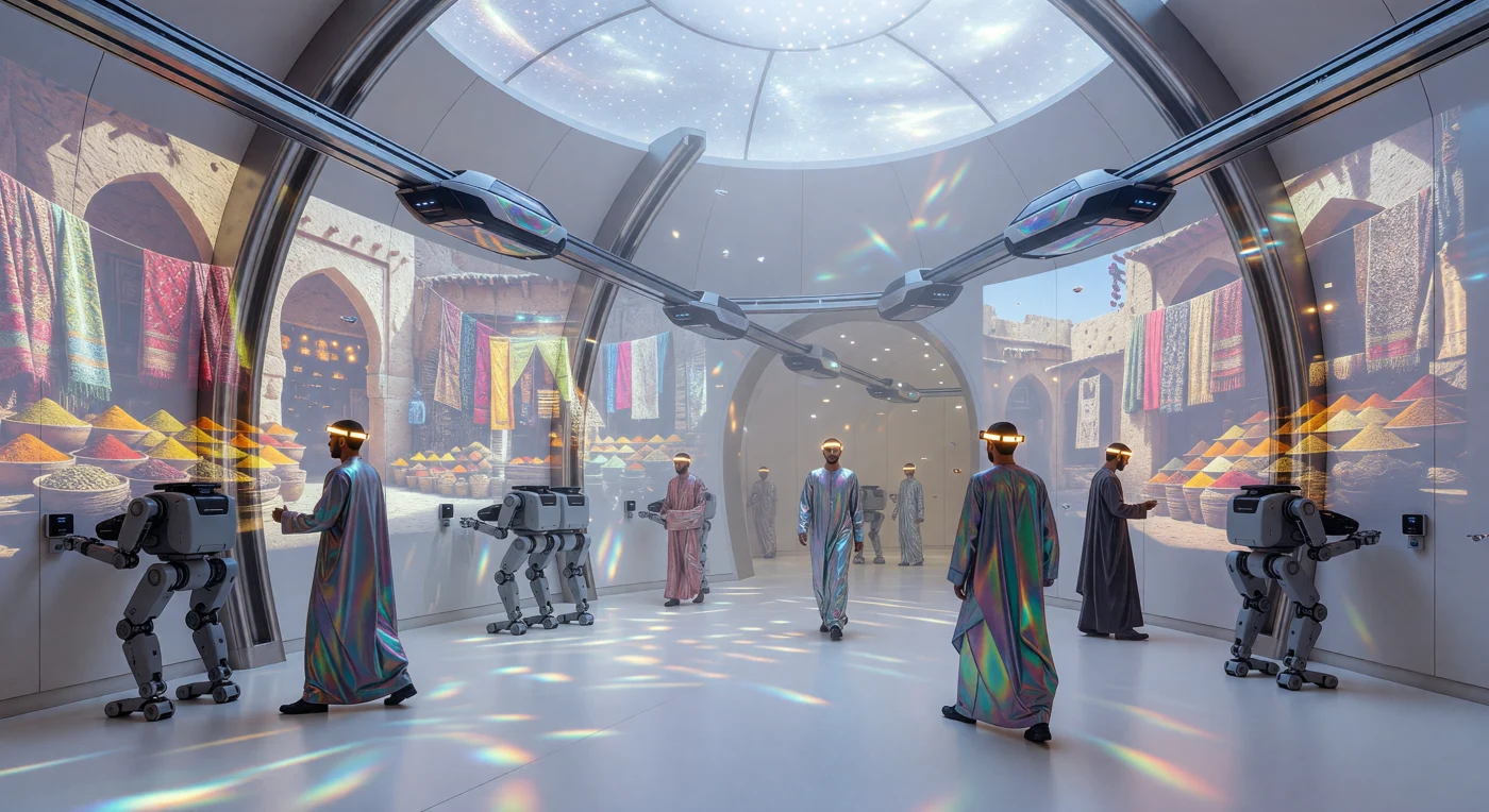 Questa veduta del 2042 immortala il "Souk Olografico" di Dubai, un ambiente in cui la realtà aumentata ad alta densità rievoca il commercio del XIV secolo all'interno di un centro di distribuzione automatizzato in titanio e polimeri. Tra i riflessi di luce artificiale, cittadini dotati di impianti Neural-Link di Grado 4 convivono con automi bipedali della "Desert Dynamics", simboli di una società che ha completato la transizione verso un'economia post-idrocarburi. Questa istantanea dell'era della "Soglia" illustra l'apice della civiltà del fotone, dove l'energia solare e la fusione alimentano una complessa simbiosi tra l'antico retaggio culturale e l'intelligenza sintetica.